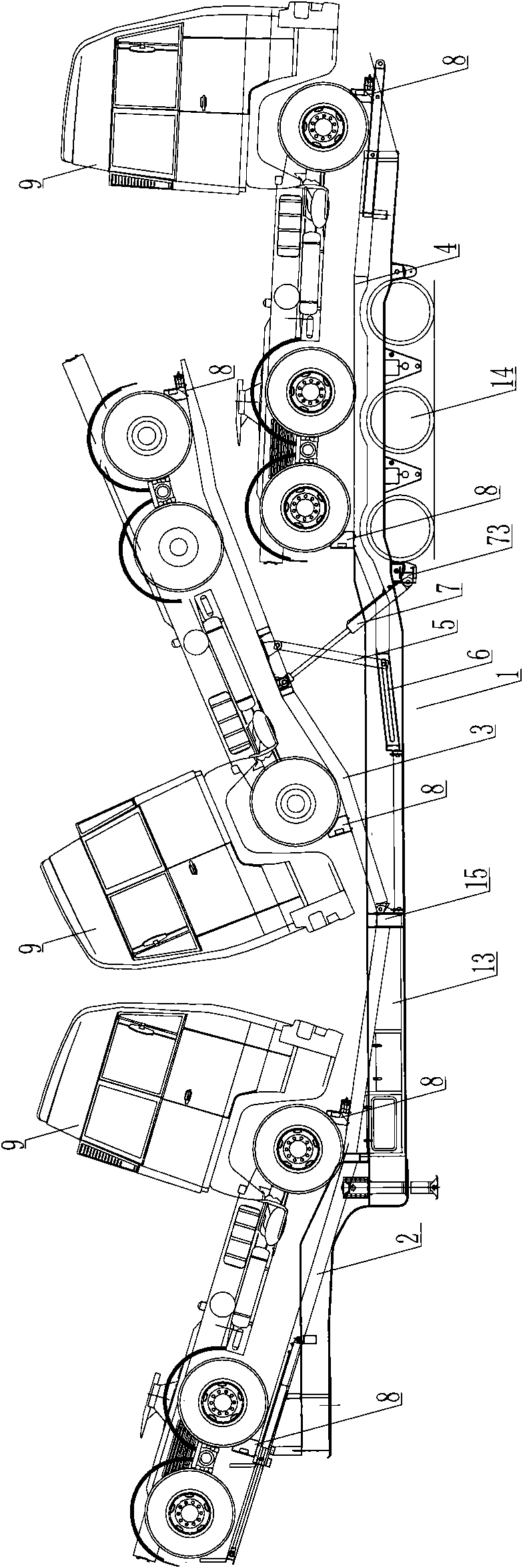 Semitrailer used for transporting commercial vehicles