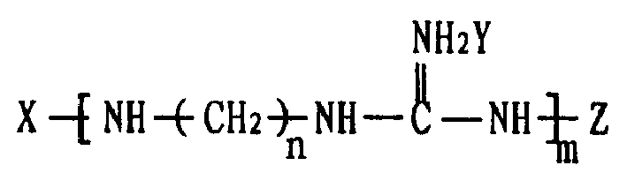 Polyamine guanidine salt copolymer and its uses in antibiotic polyester and polyamide materials