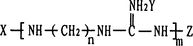 Polyamine guanidine salt copolymer and its uses in antibiotic polyester and polyamide materials