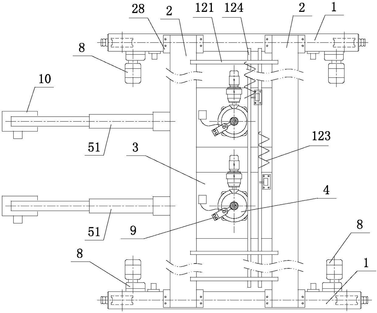 Crane with two trolleys and telescopic cantilever beams capable of rotating at any angle