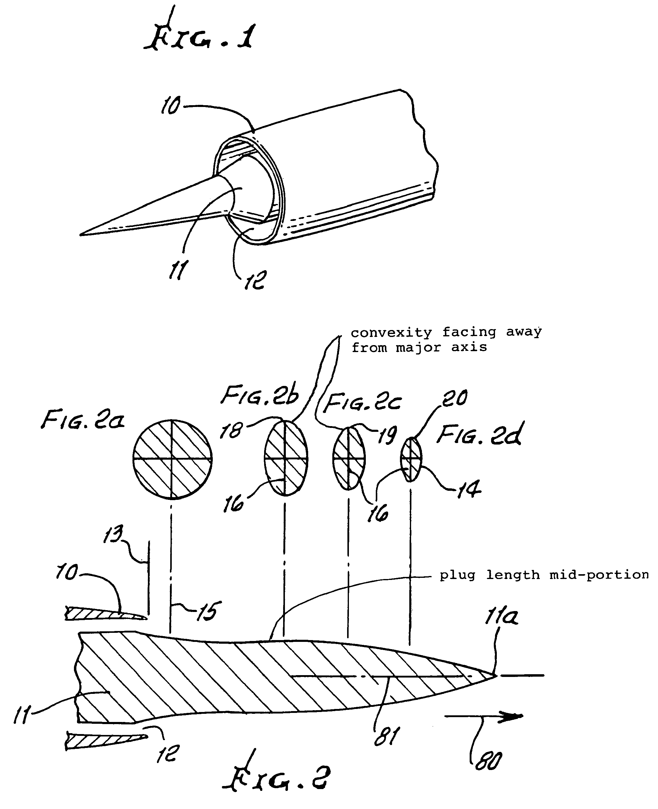 Jet nozzle plug with varying, non-circular cross sections