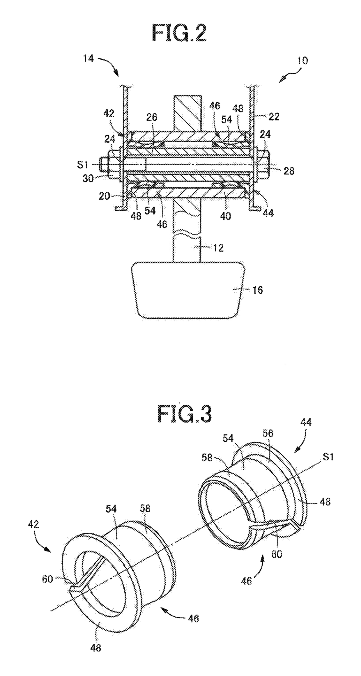 Bearing structure for vehicle pedal device and flanged bushing