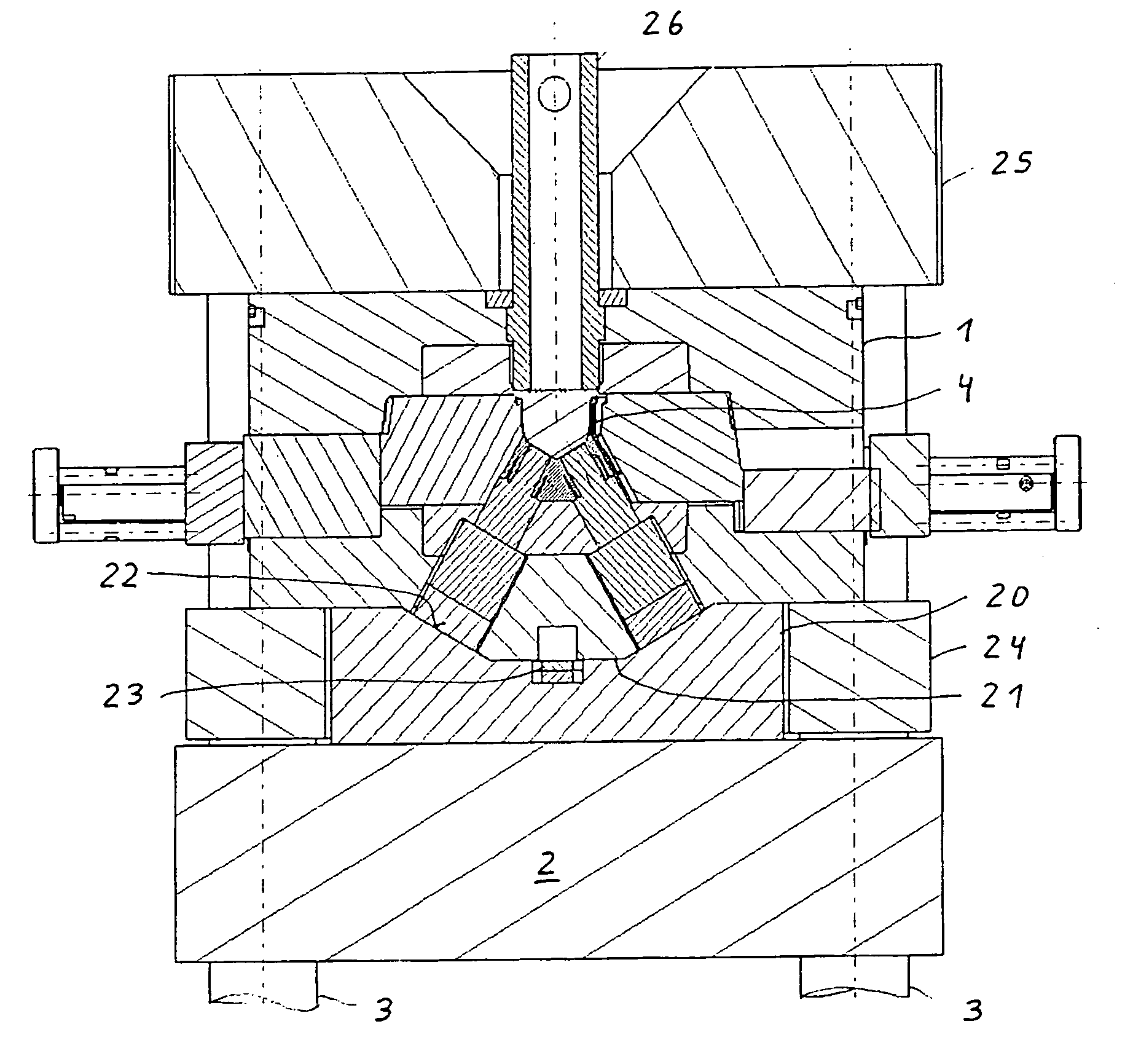 Injection-molding device for manufacturing V-engine blocks