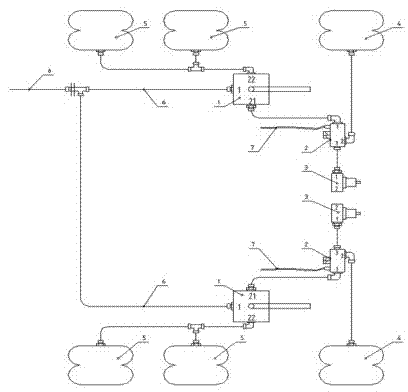 Rear axle airbag inflating and deflating system and three-axle vehicle using same