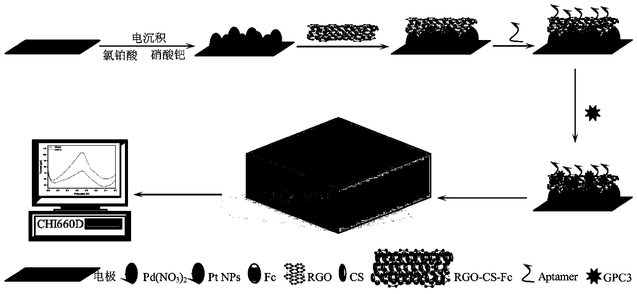 Method for detecting GPC3 based on RGO-CS-Fc/Pt-Pd NPs nano composite material