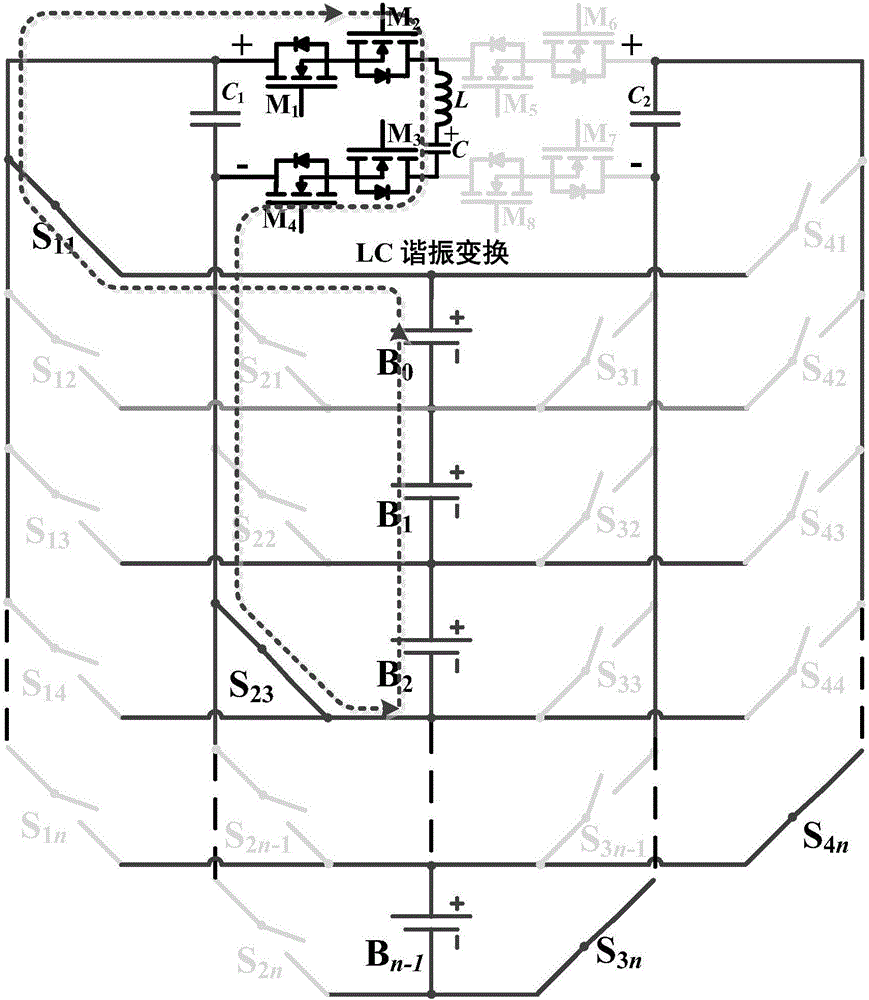 Cells to cells equalization circuit and method based on switch matrix and lc resonant transformation