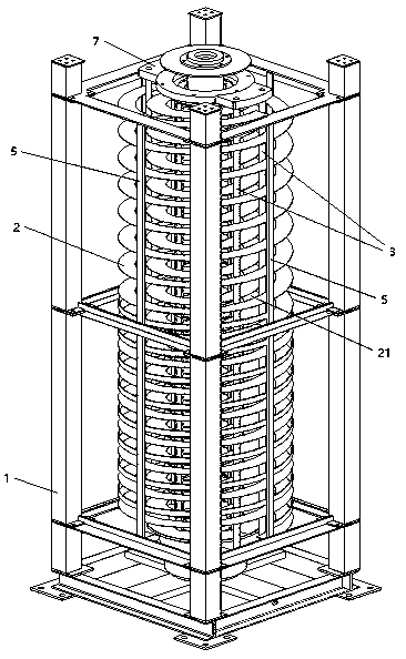 Spiral vertical conveying device for cage boxes