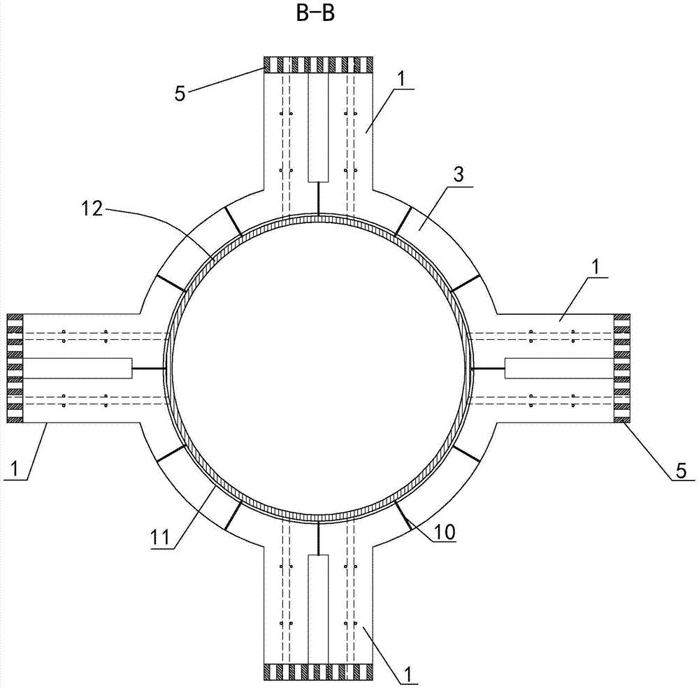 Mechanically anchored connection node structure between concrete filled steel tube columns and reinforced concrete beams