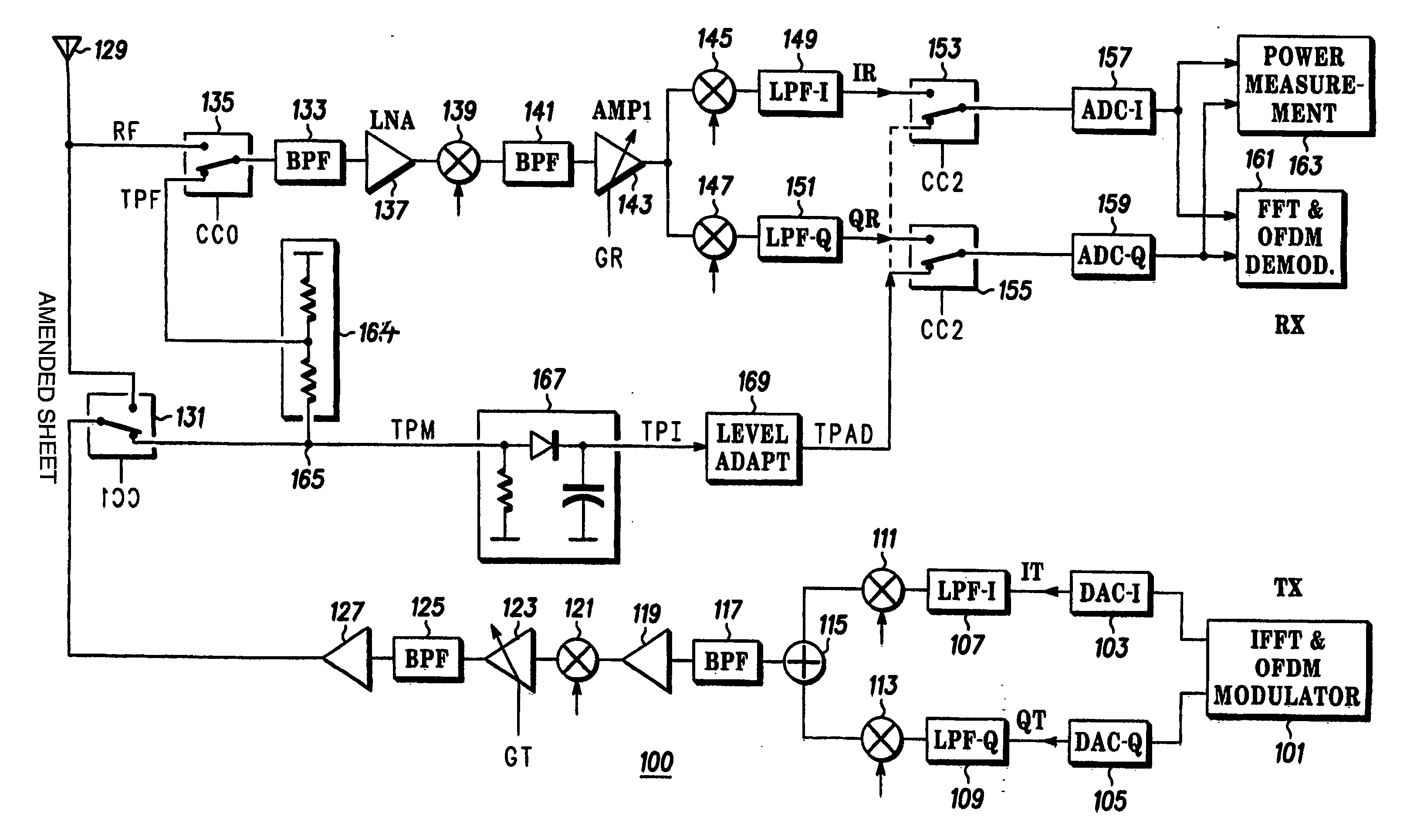 Transmitter and receiver gain calibration by means of feedback in a transceiver