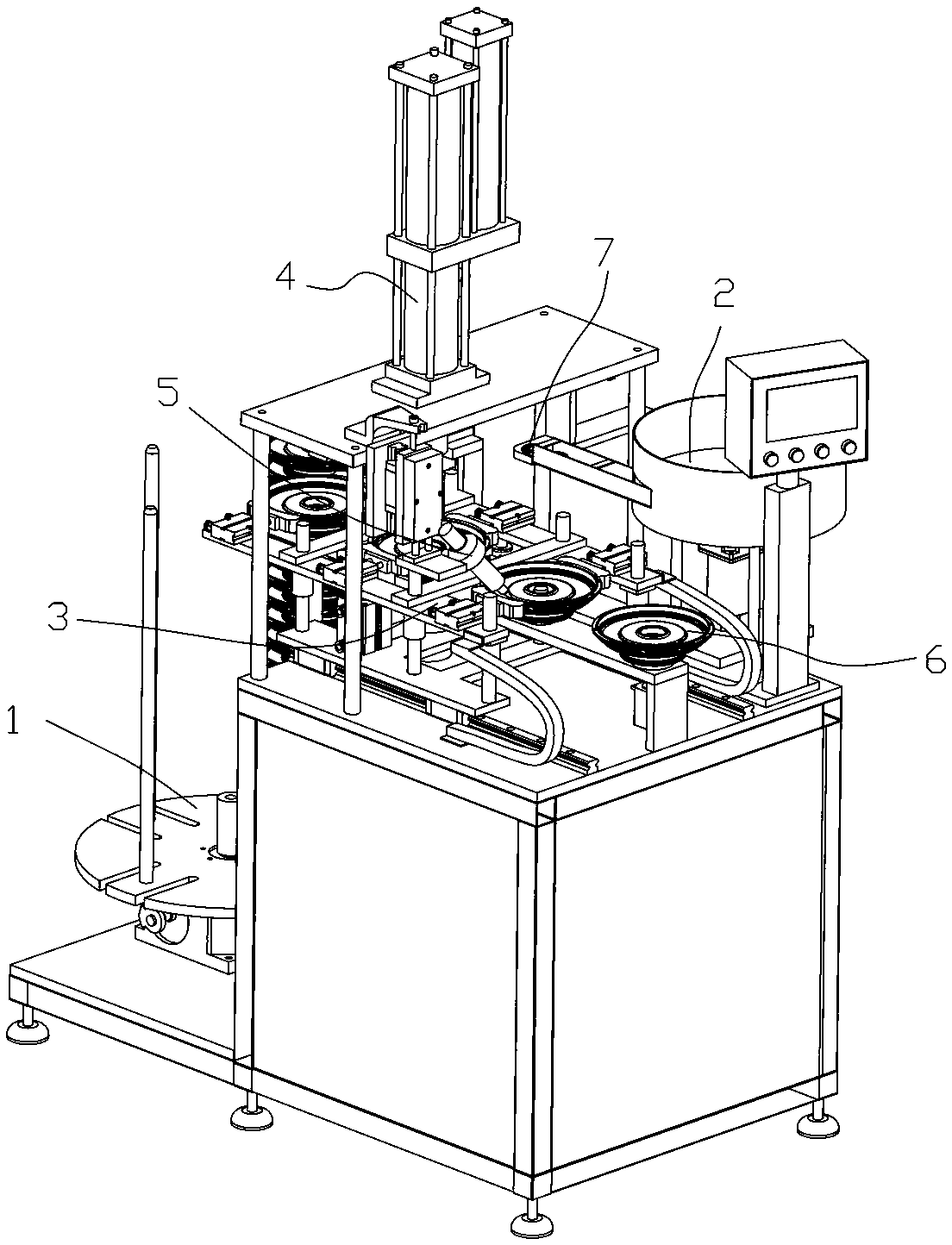 Electric vehicle motor end cap pressure bearing feeding and glue applying integrated machine