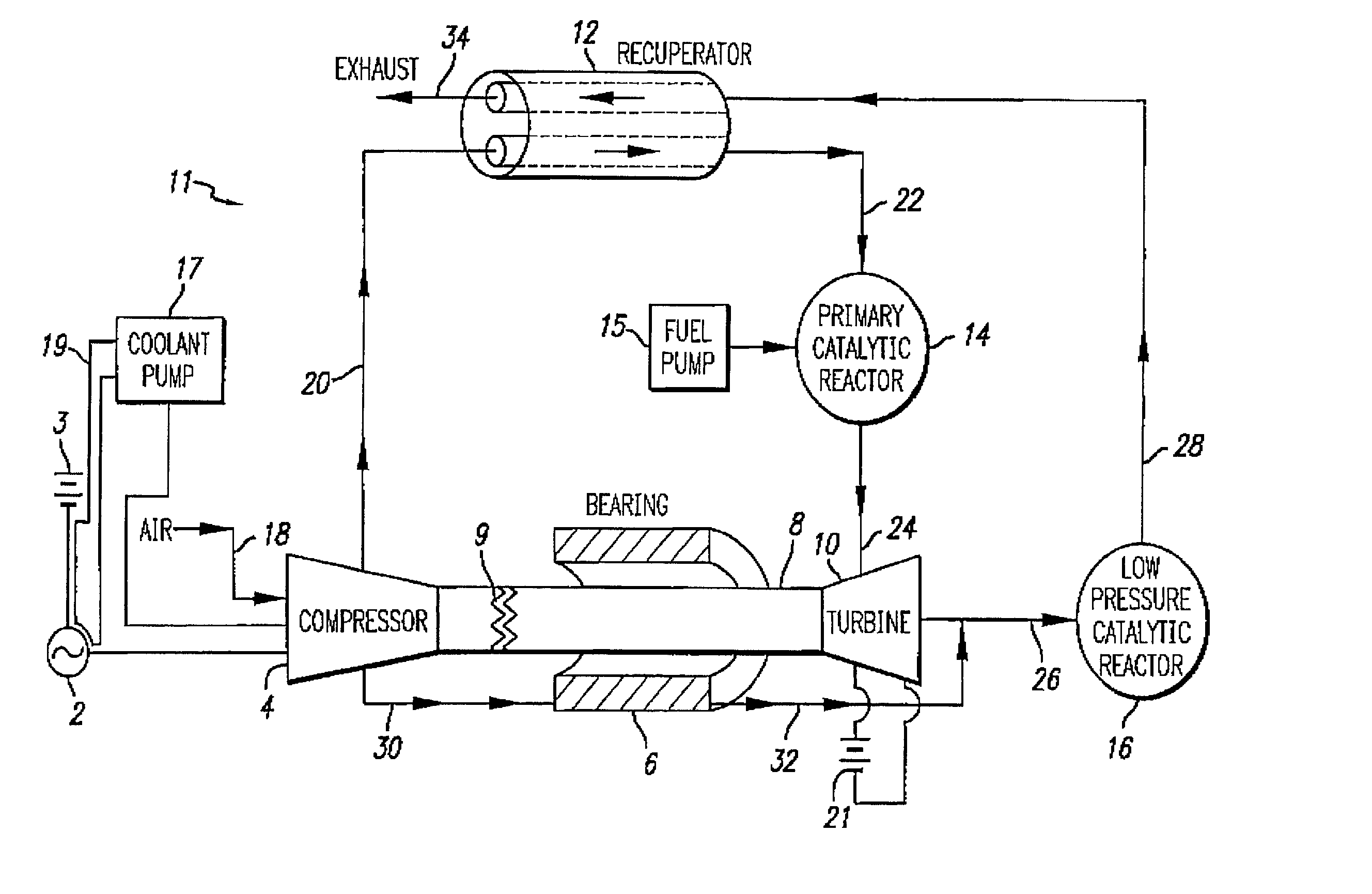 Integrated turbine power generation system having low pressure supplemental catalytic reactor