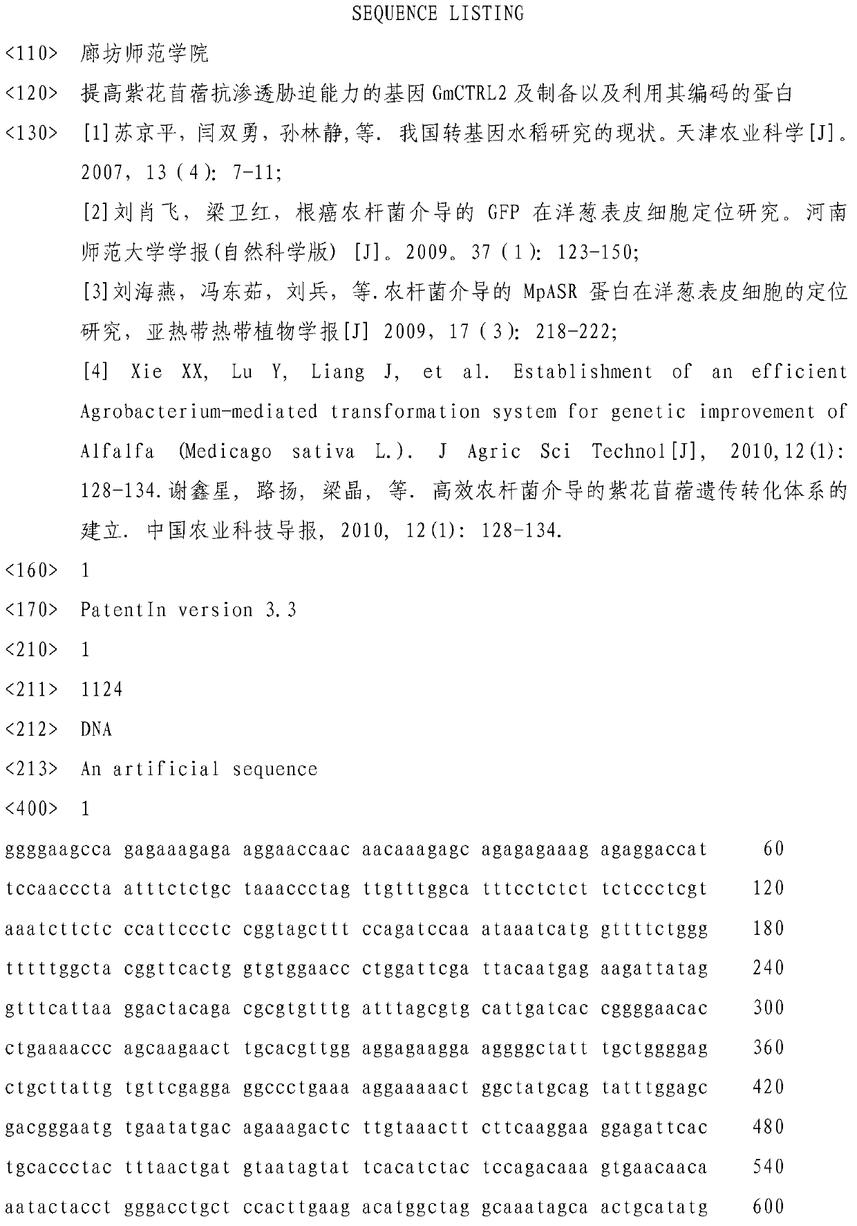 Gene GmCTRL2 used for improving osmotic stress resistance of alfalfa, preparation and protein coded by gene GmCTRL2