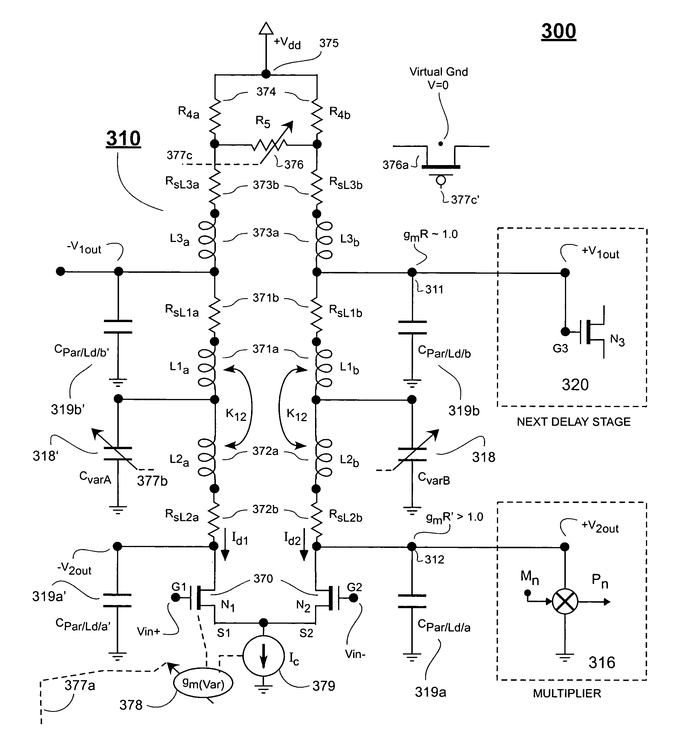 Analog delay chain having more uniformly distributed capacitive loads and analog delay cell for use in chain