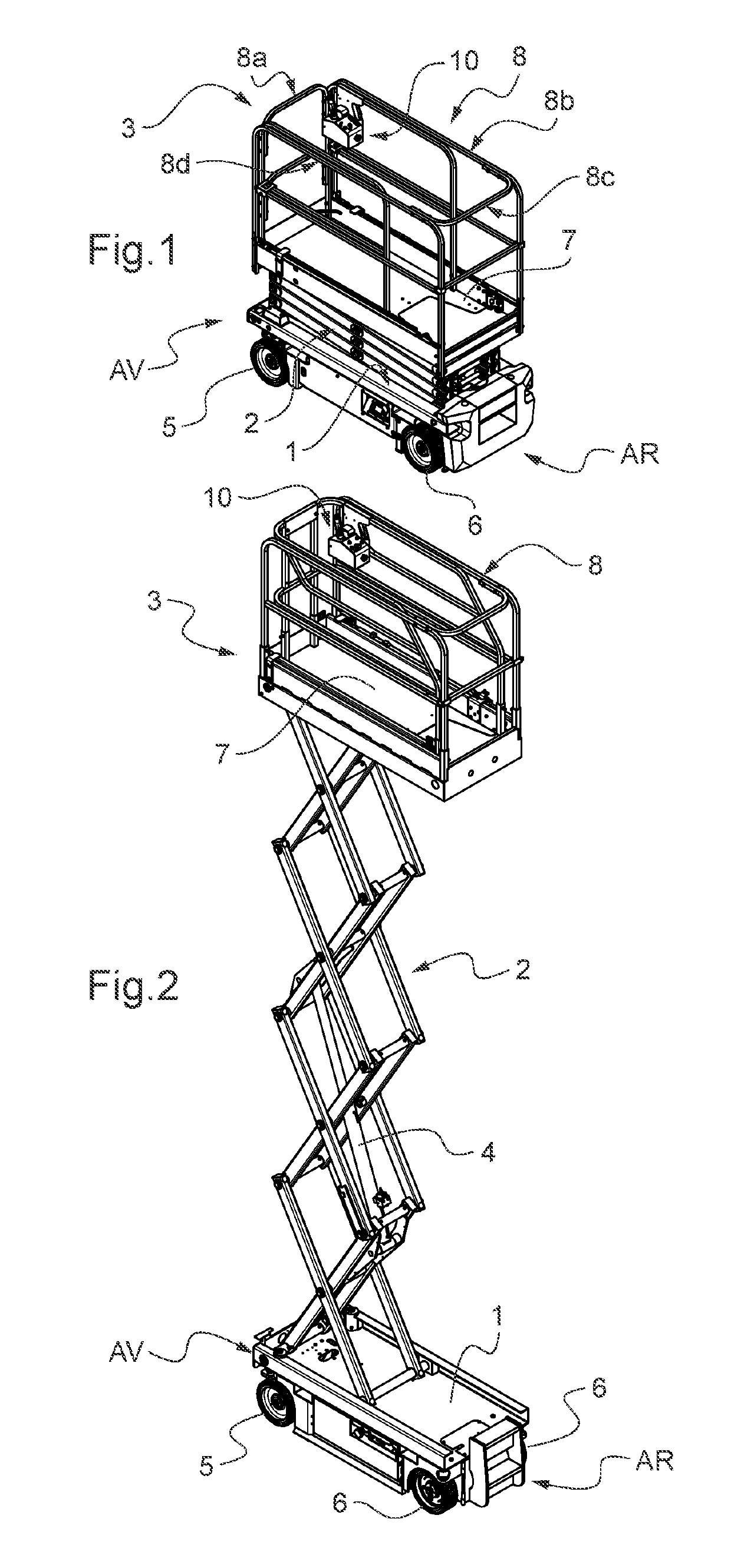 Aerial-lift working-platform control desk with protection against crushing of the operator