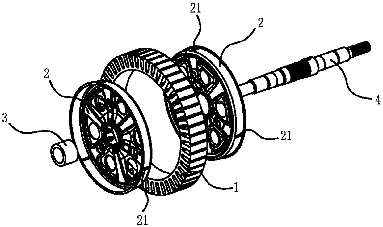 A stator for an electric wheel hub motor and a motor containing the stator