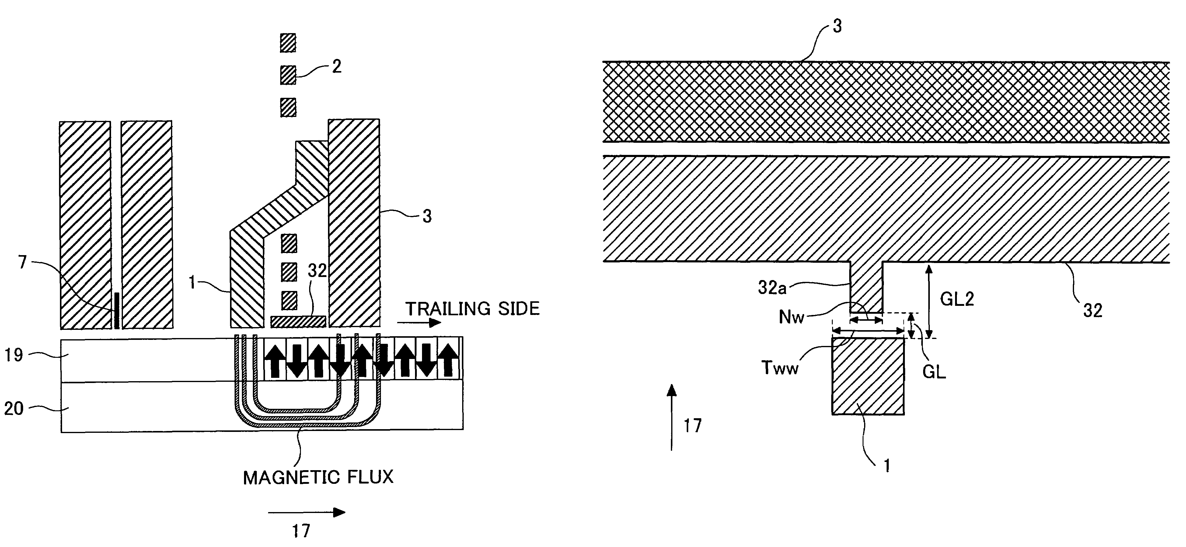 Magnetic recording head for perpendicular recording and including a portion protruding toward a mail pole and magnetic disc storage apparatus mounting the magnetic head