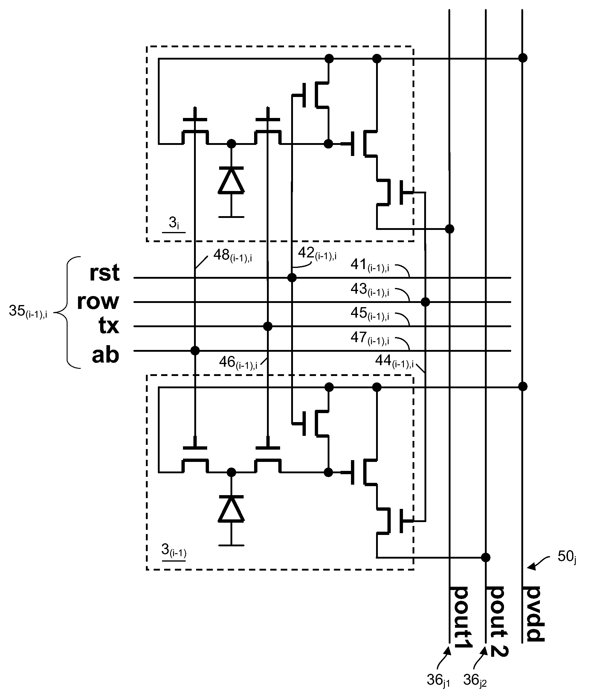 Image sensors and methods with shared control lines