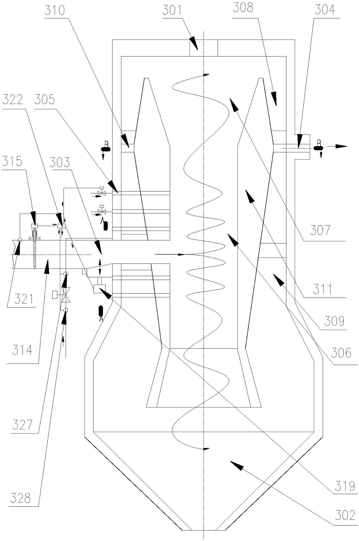 Mechanical grate waste gasification incineration system and dovetail fly ash collection device