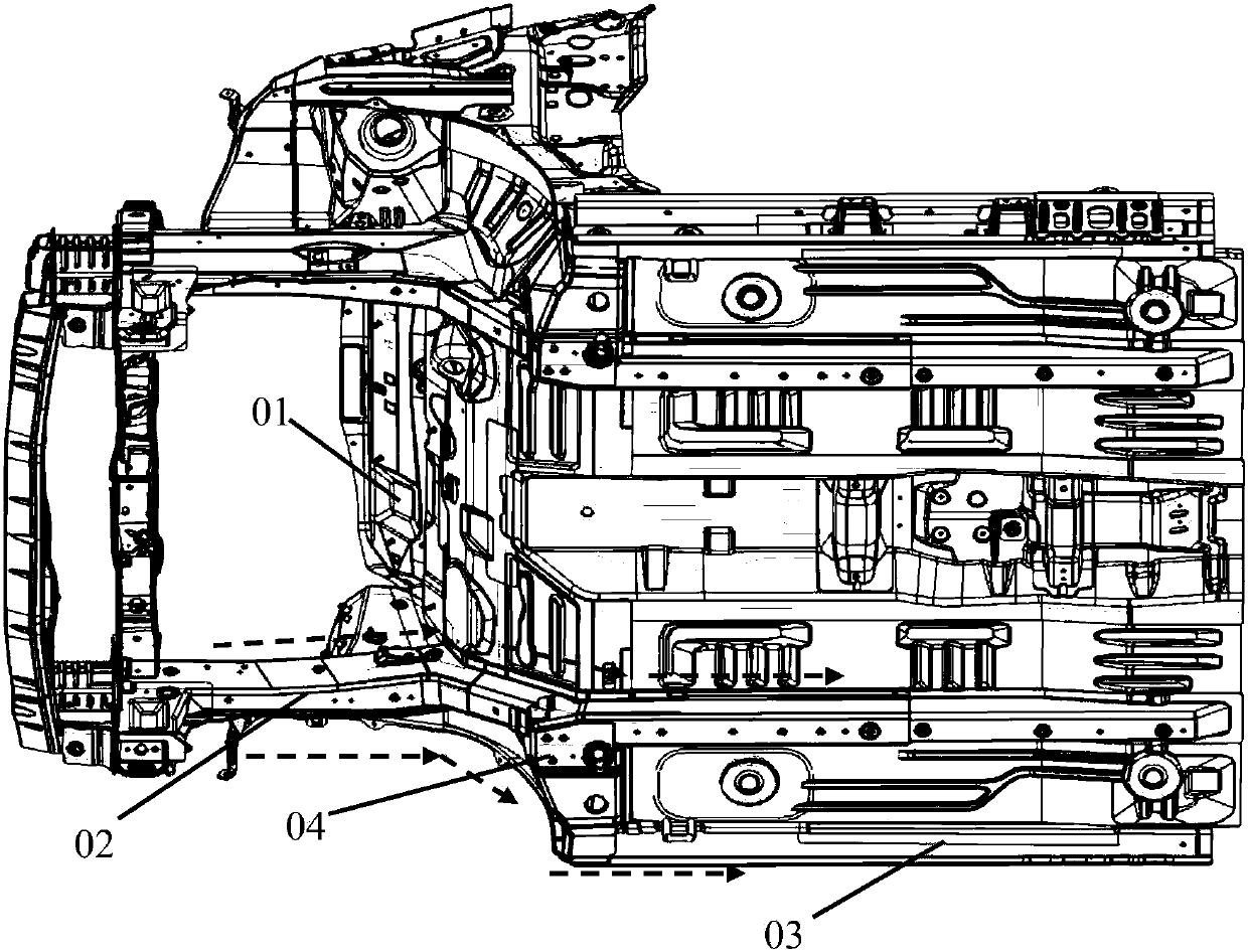 Multichannel device for rear end of front vehicle body