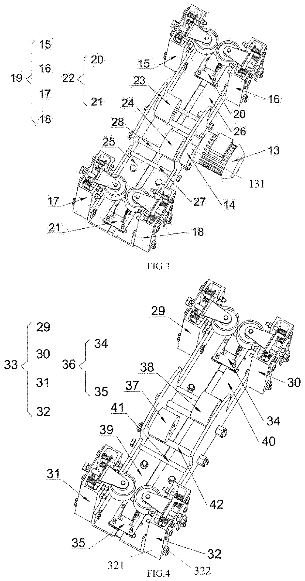 Walking device with self-adaptive track gauge and wheel pressure for preventing rail gnawing