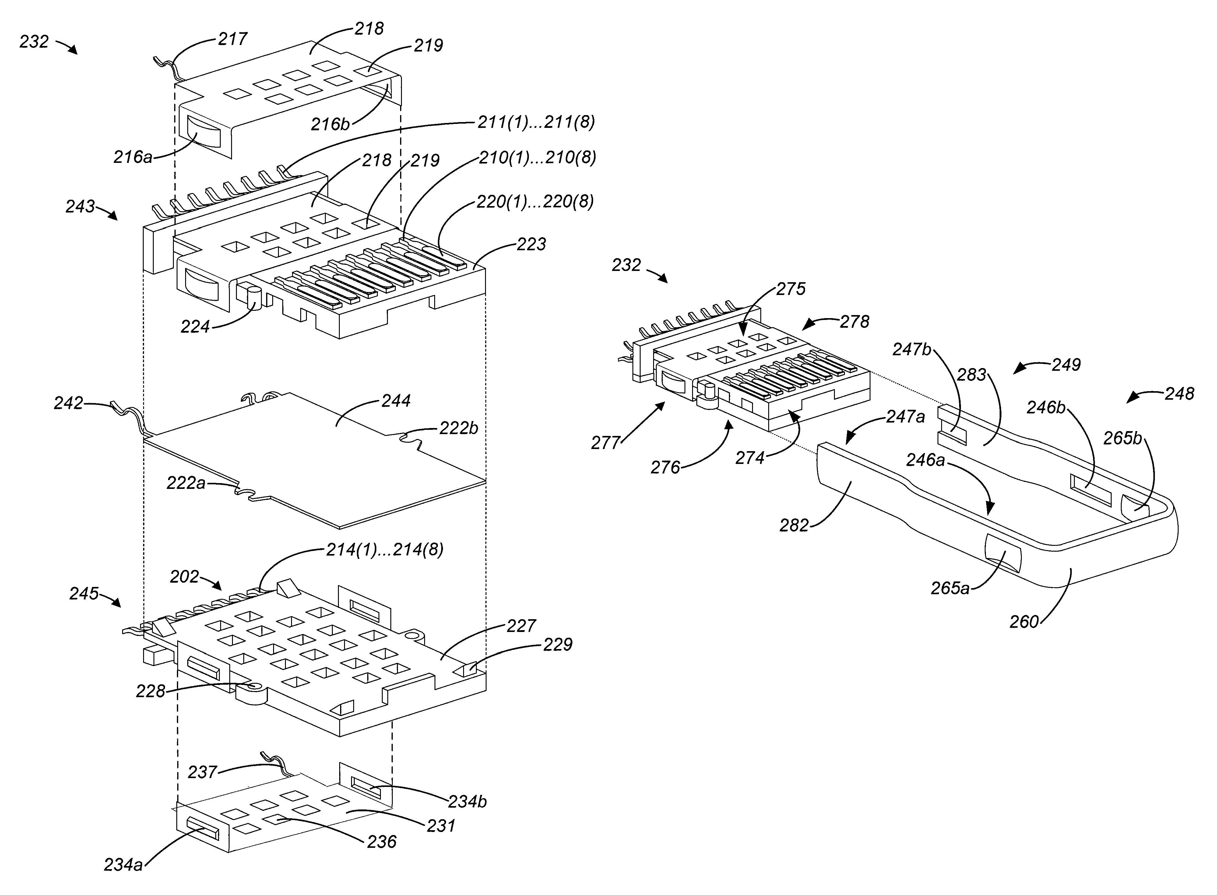 Plug connector having an over-molded contact assembly with a conductive plate between two sets of electrical contacts