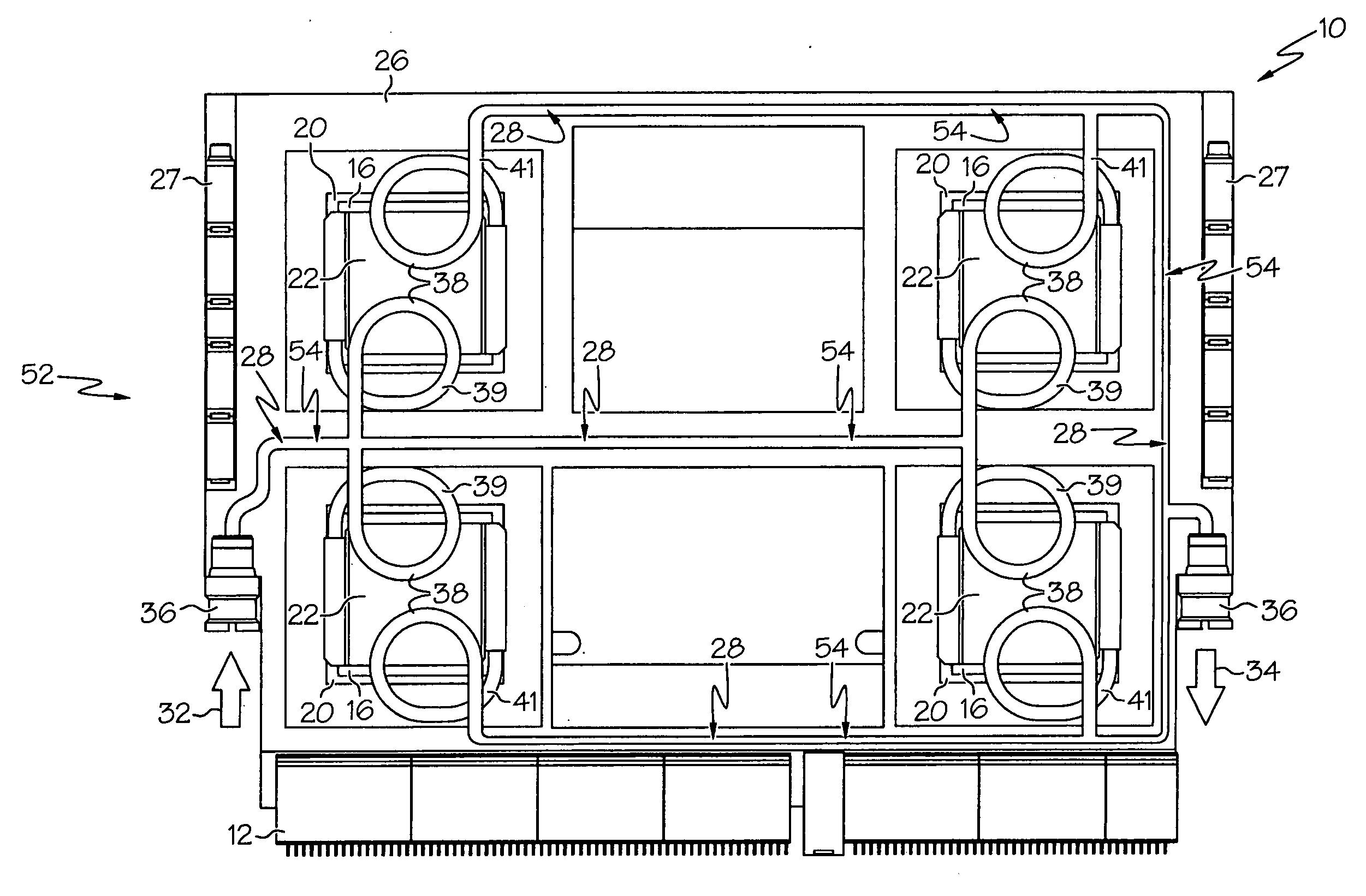 Adjustable height liquid cooler in liquid flow through plate