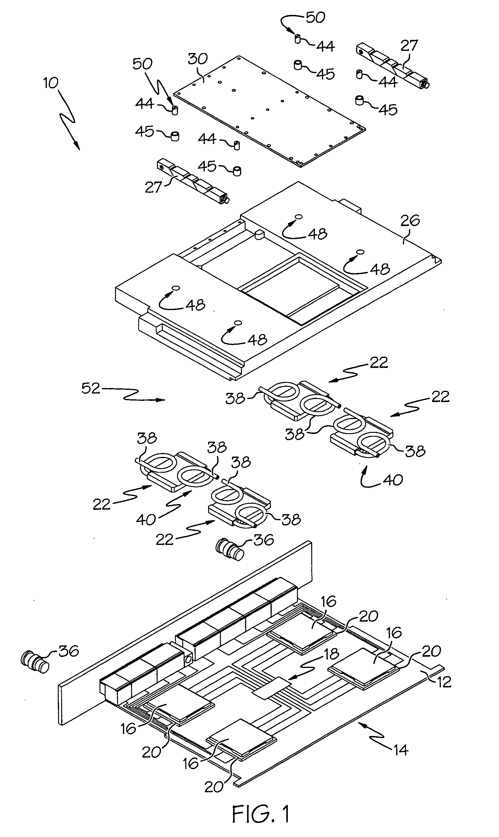 Adjustable height liquid cooler in liquid flow through plate