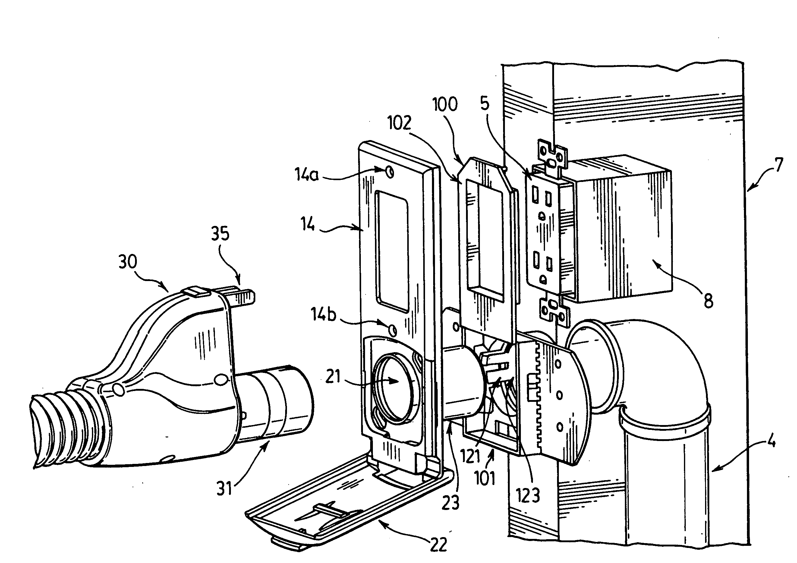 Central vacuum system mounting flange and hose cuff for use with standard electrical outlets