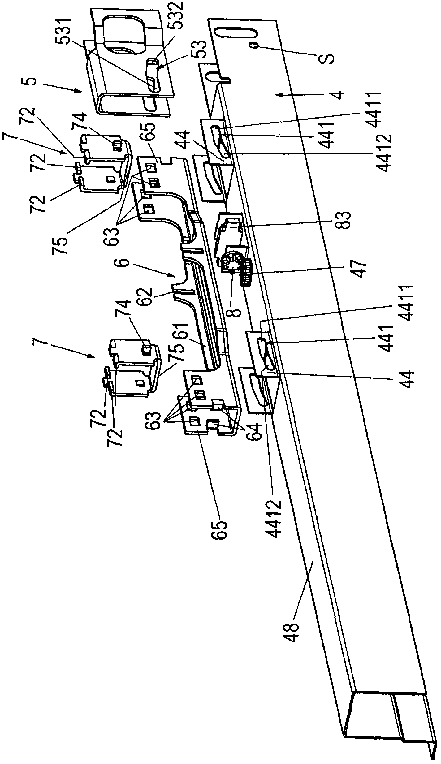 Apparatus for adjusting front panel of furniture part moved in furniture body, particularly drawer of cabinet, is coupled to mechanism and side adapters, where longitudinally displaced thrust element is mounted on upper surface