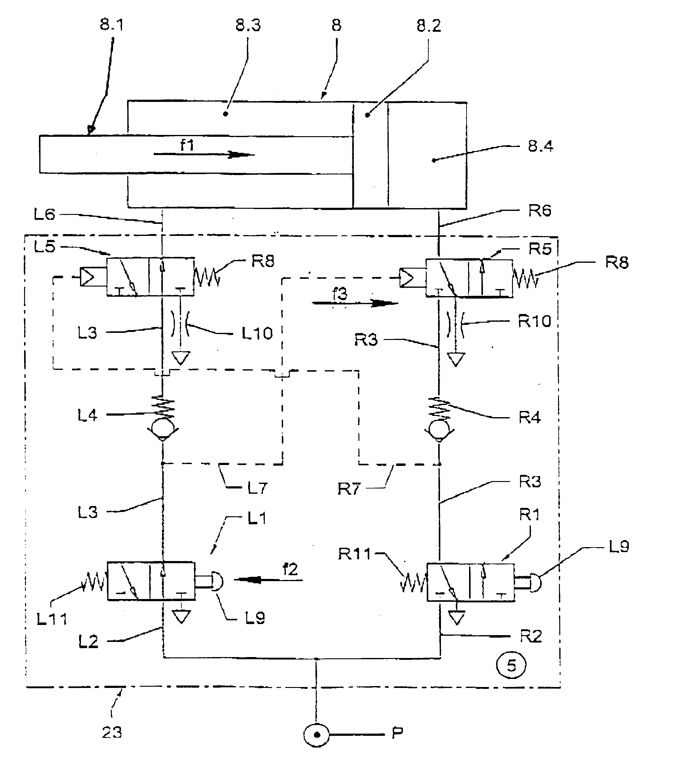 Actuating valve for bidirectional pneumatic cylinder and use of such actuating valve for bobbin creels controlled by pneumatic cylinders