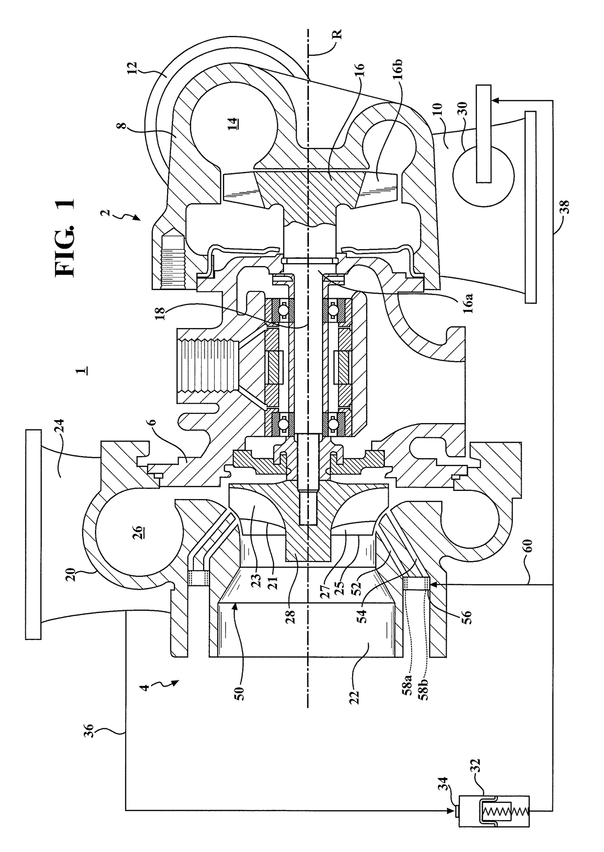 Turbocharger combining axial flow turbine with a compressor stage utilizing active casing treatment