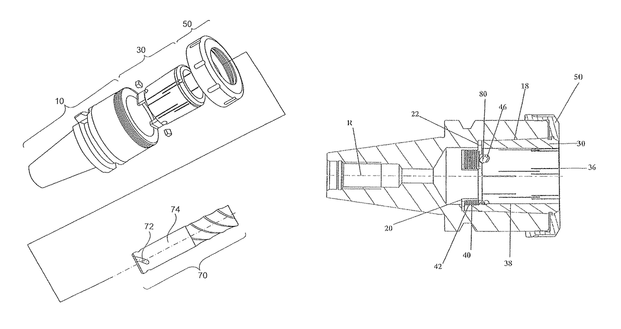 Clamping system and base, collet chuck and rotary tool therefor and method for mounting the rotary tool in the clamping system