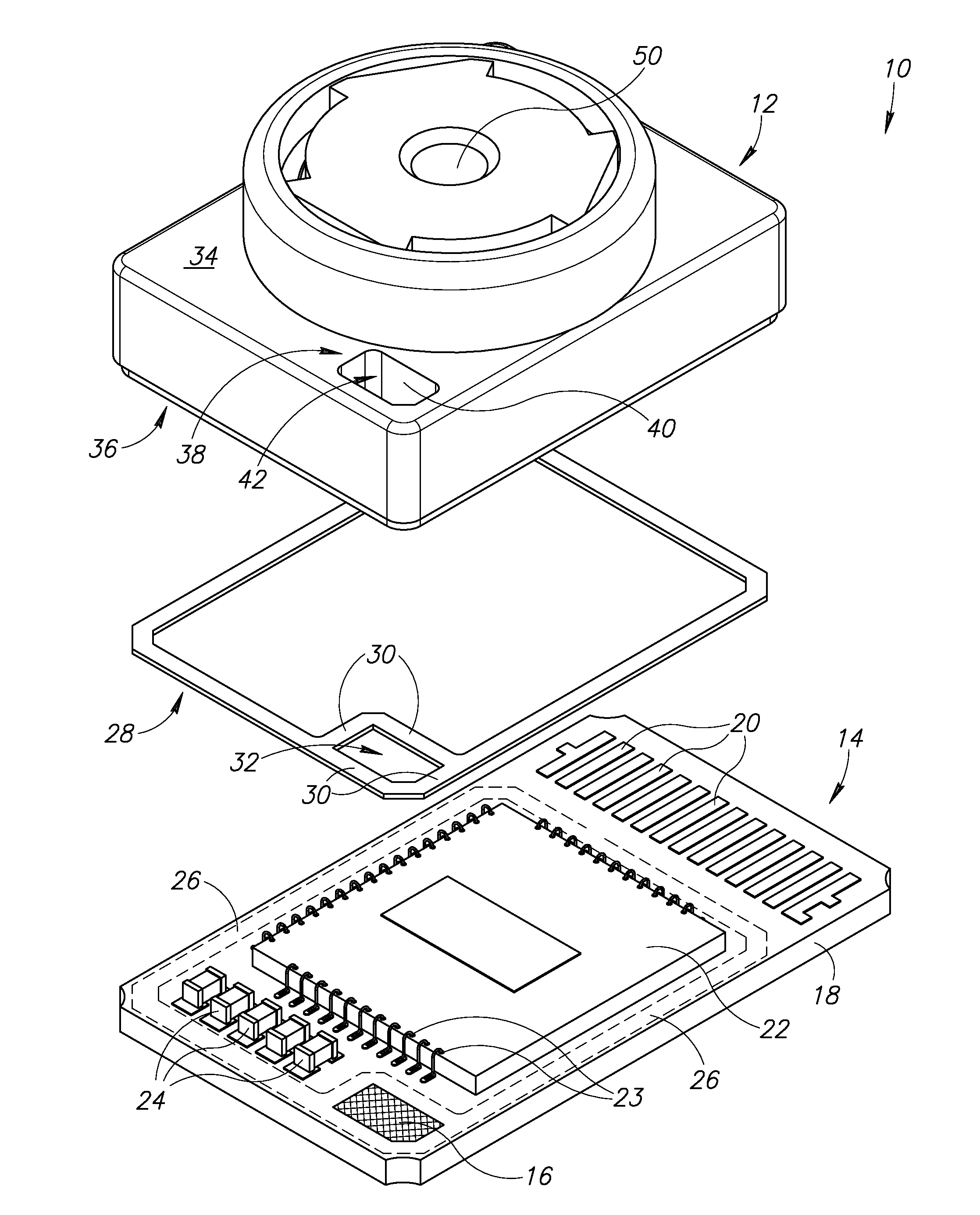 Lens mount with conductive glue pocket for grounding to a circuit board