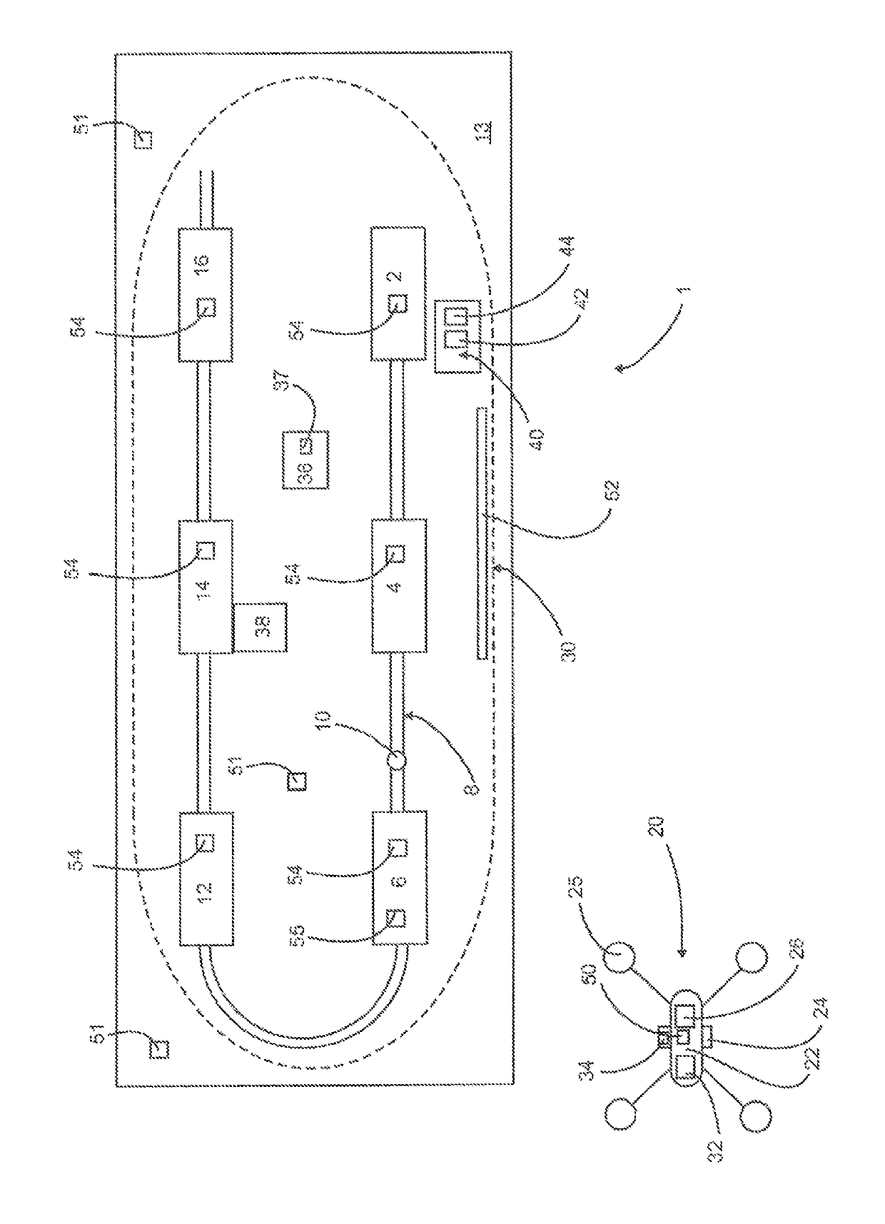 Apparatus and method for treating containers and packages with flying machine for monitoring