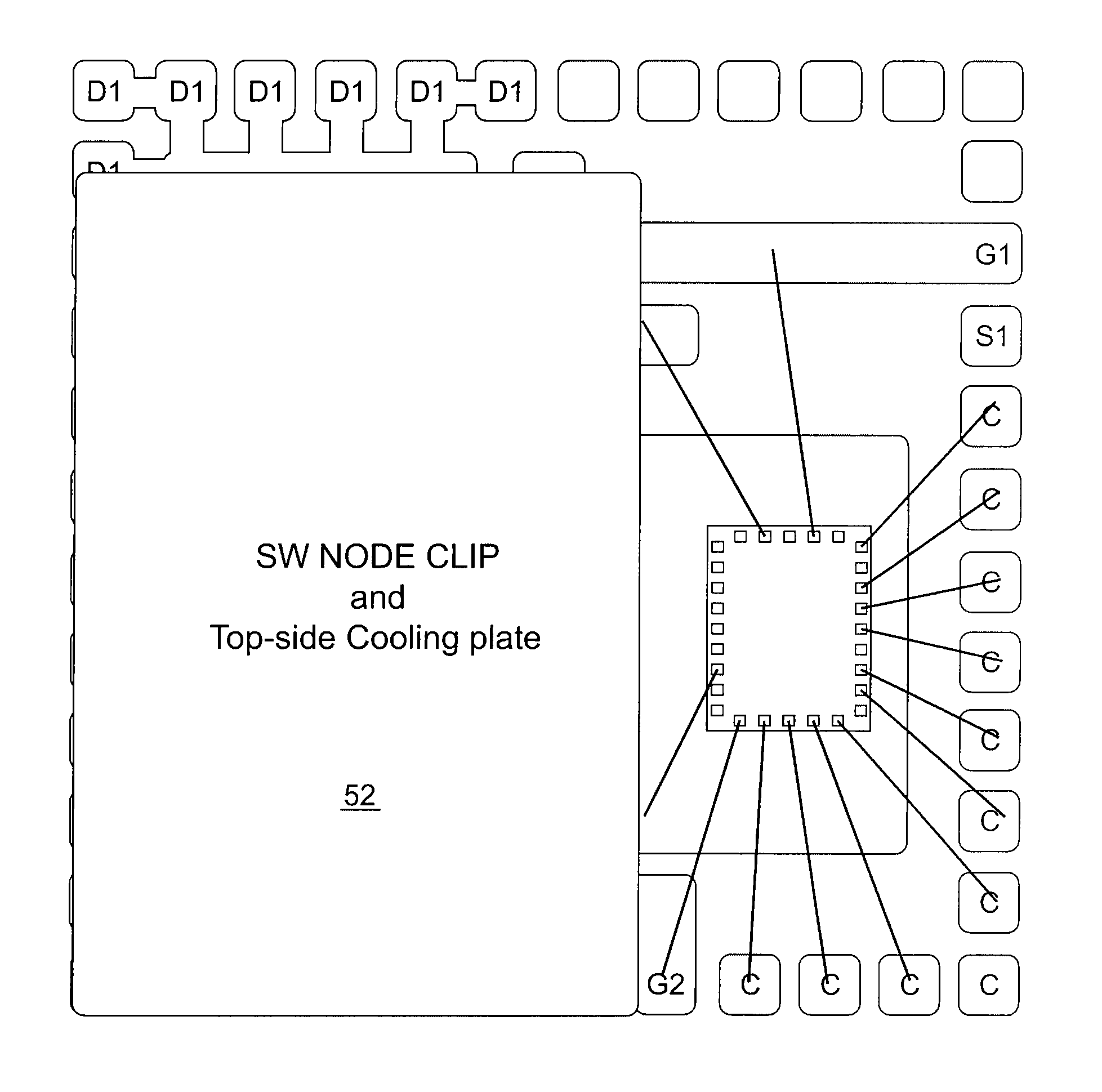 Semiconductor die package including multiple dies and a common node structure