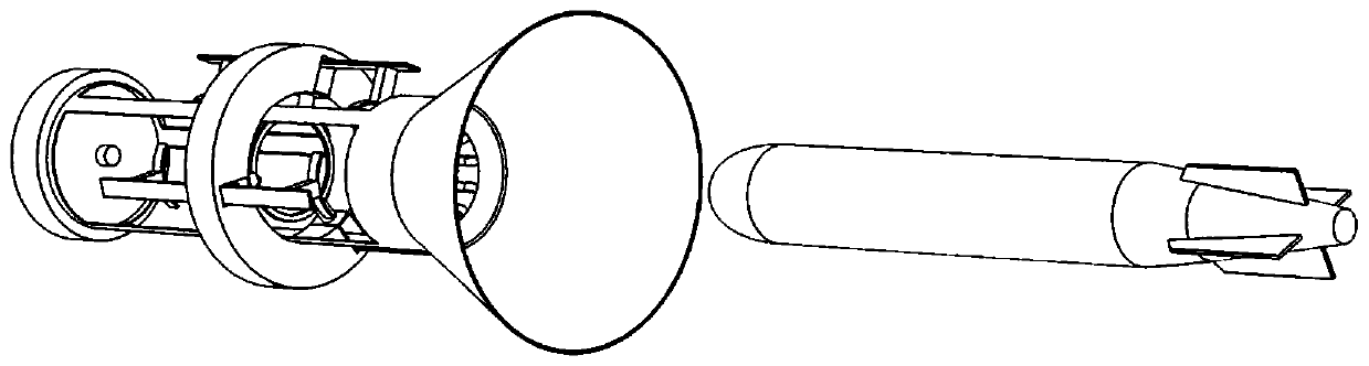 AUV (Autonomous Underwater Vehicle) recovery and release device guided by horn mouth