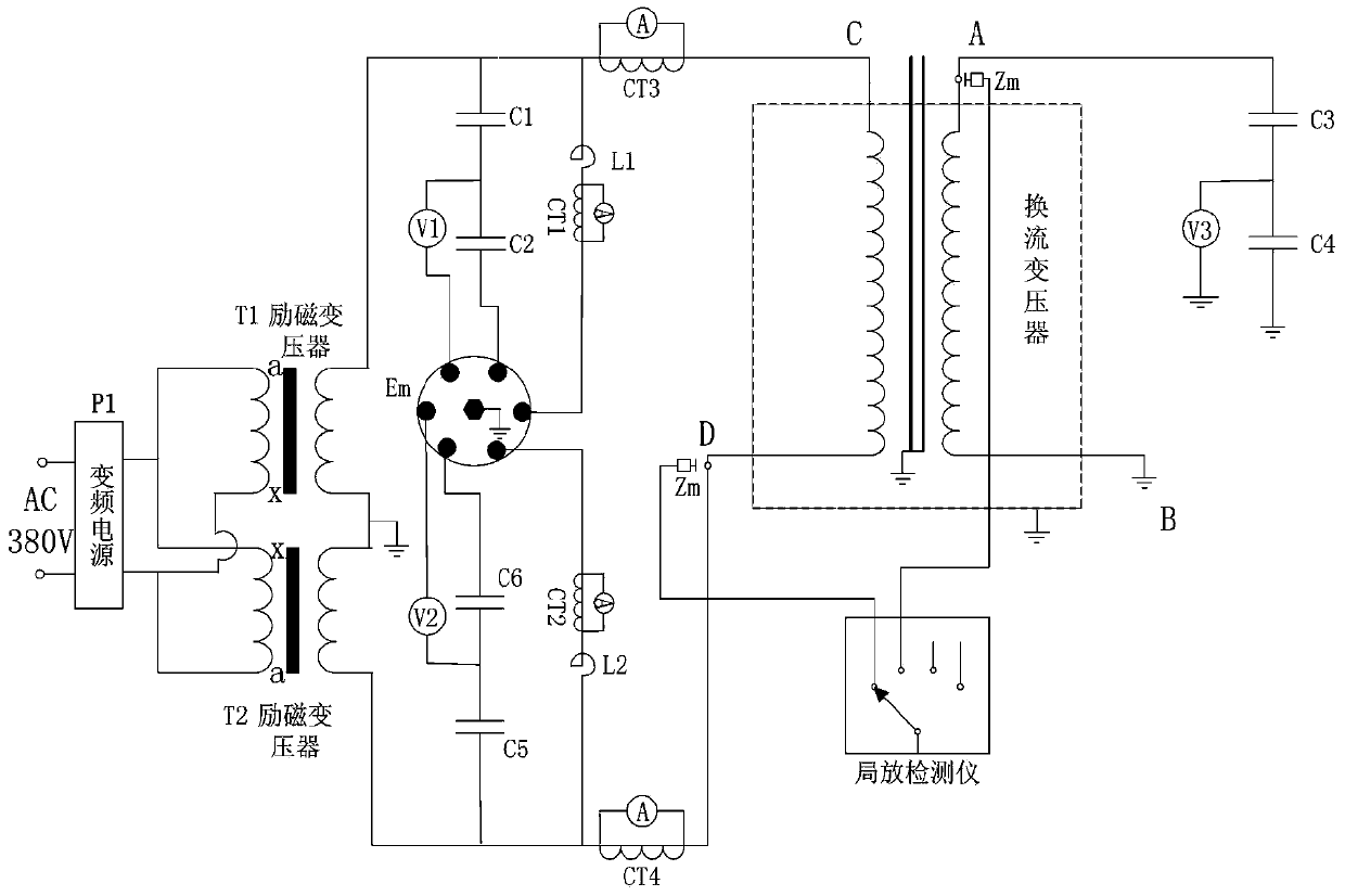 Converter transformer double side voltage applying partial discharge testing device and testing method thereof