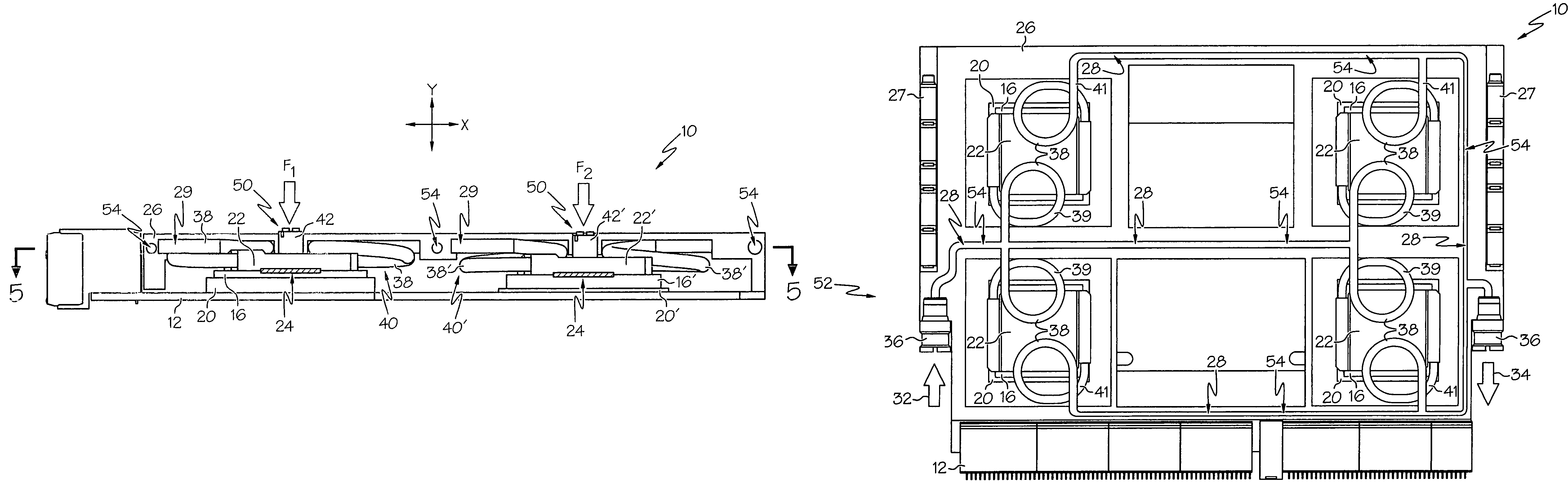 Adjustable height liquid cooler in liquid flow through plate