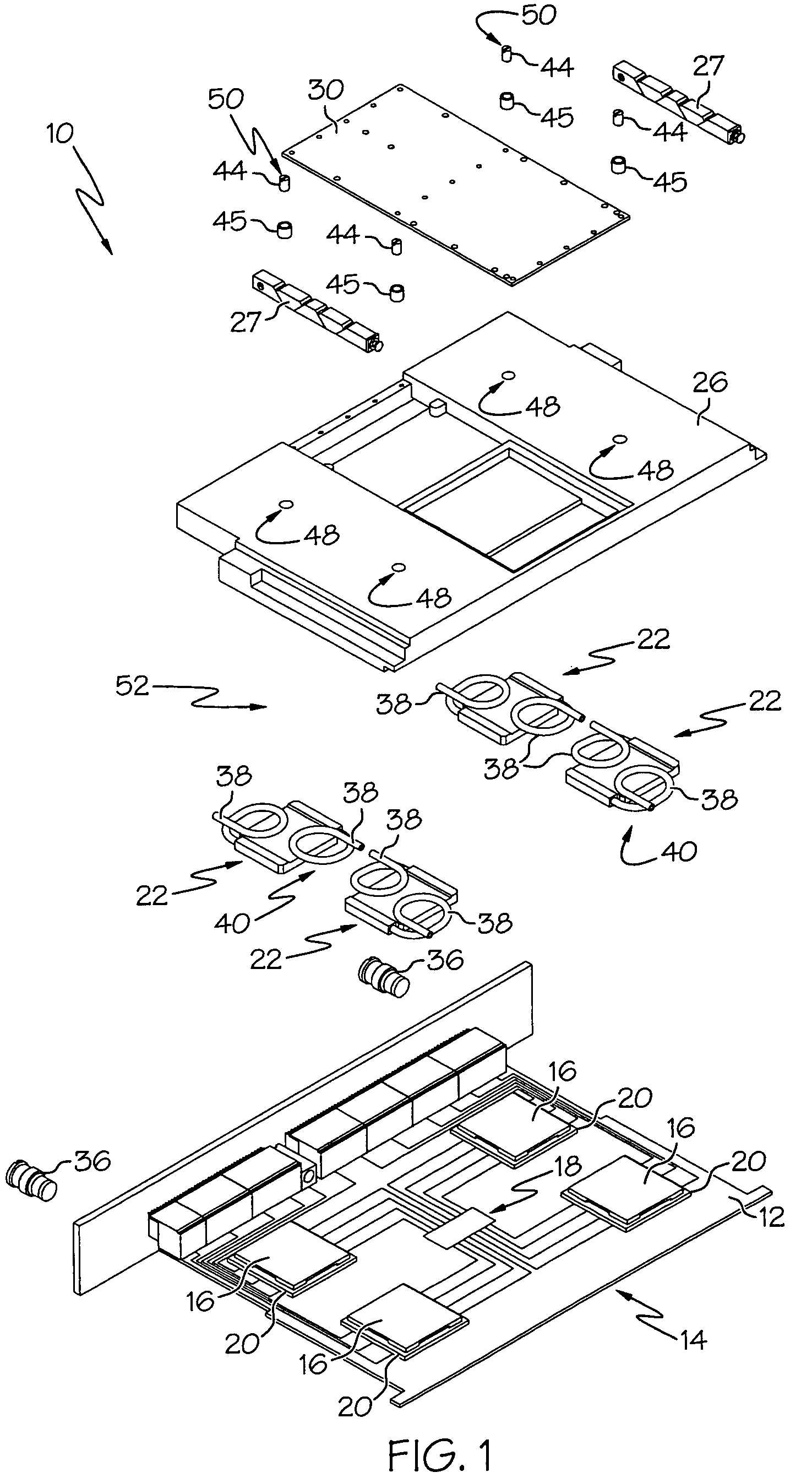 Adjustable height liquid cooler in liquid flow through plate