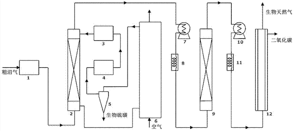 Method and device for recovery coupling of biological sulfur and carbon dioxide for producing biogas