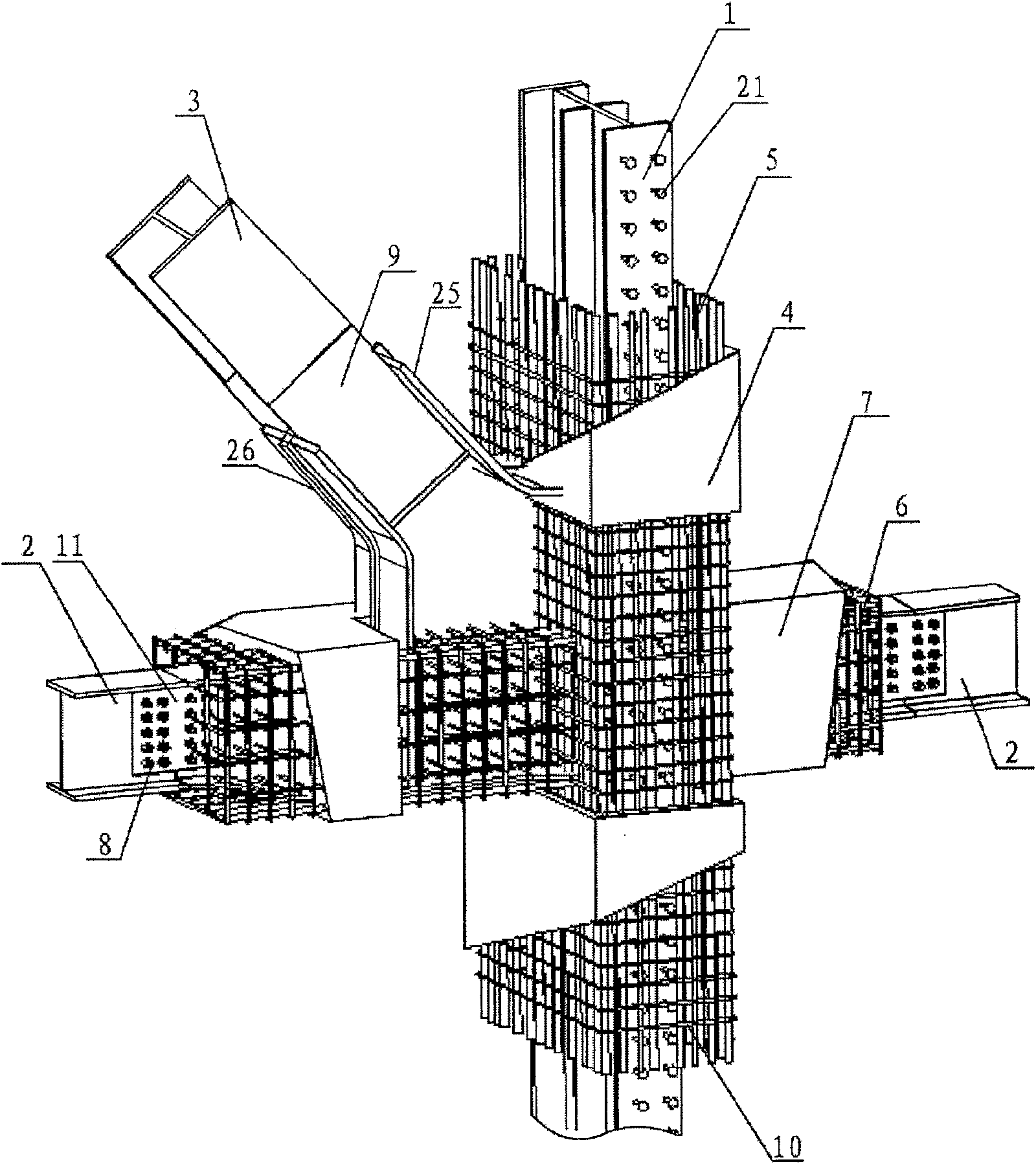 Shaped-steel concrete frame-steel supporting structure section-changeable conversion node