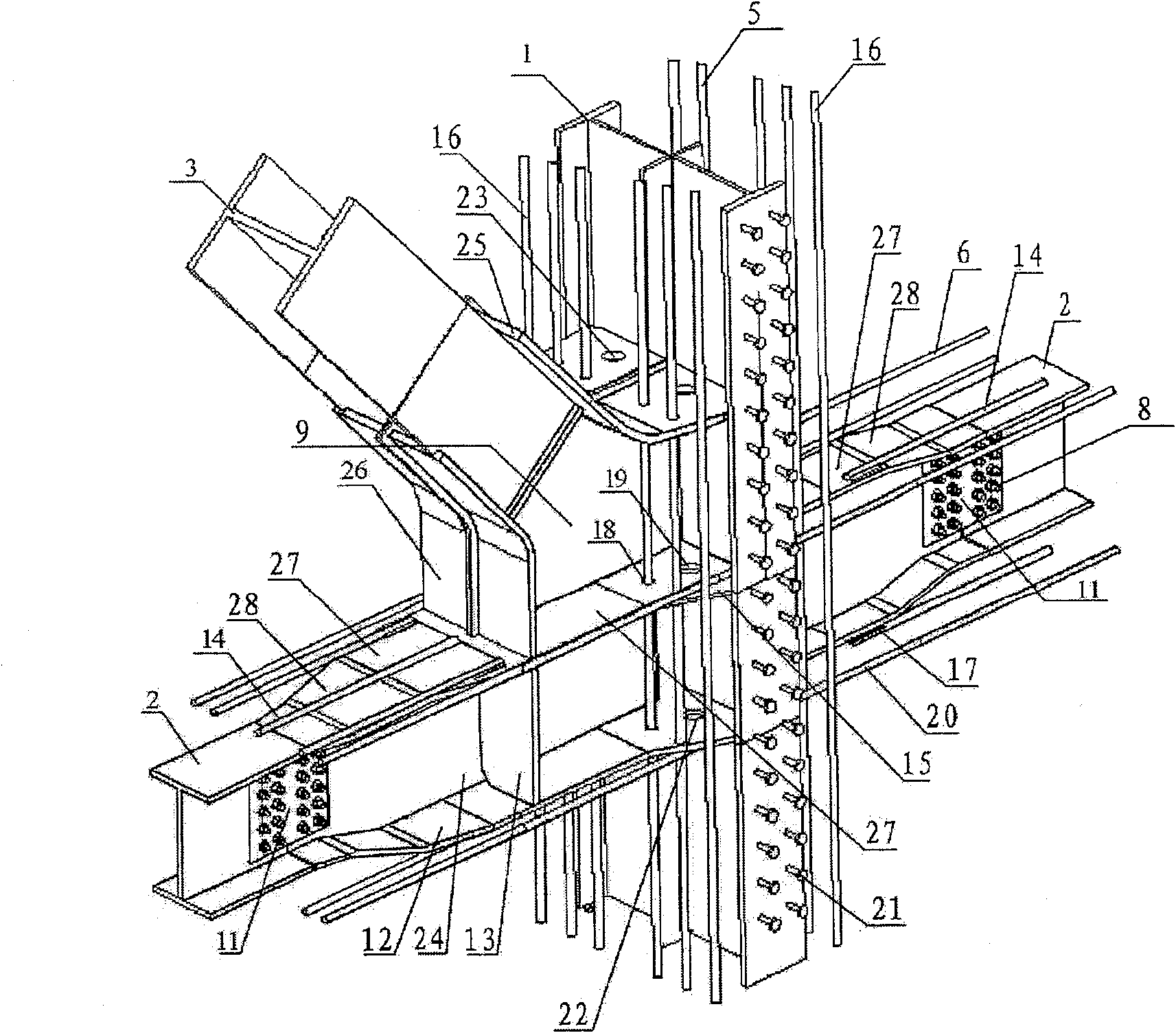 Shaped-steel concrete frame-steel supporting structure section-changeable conversion node