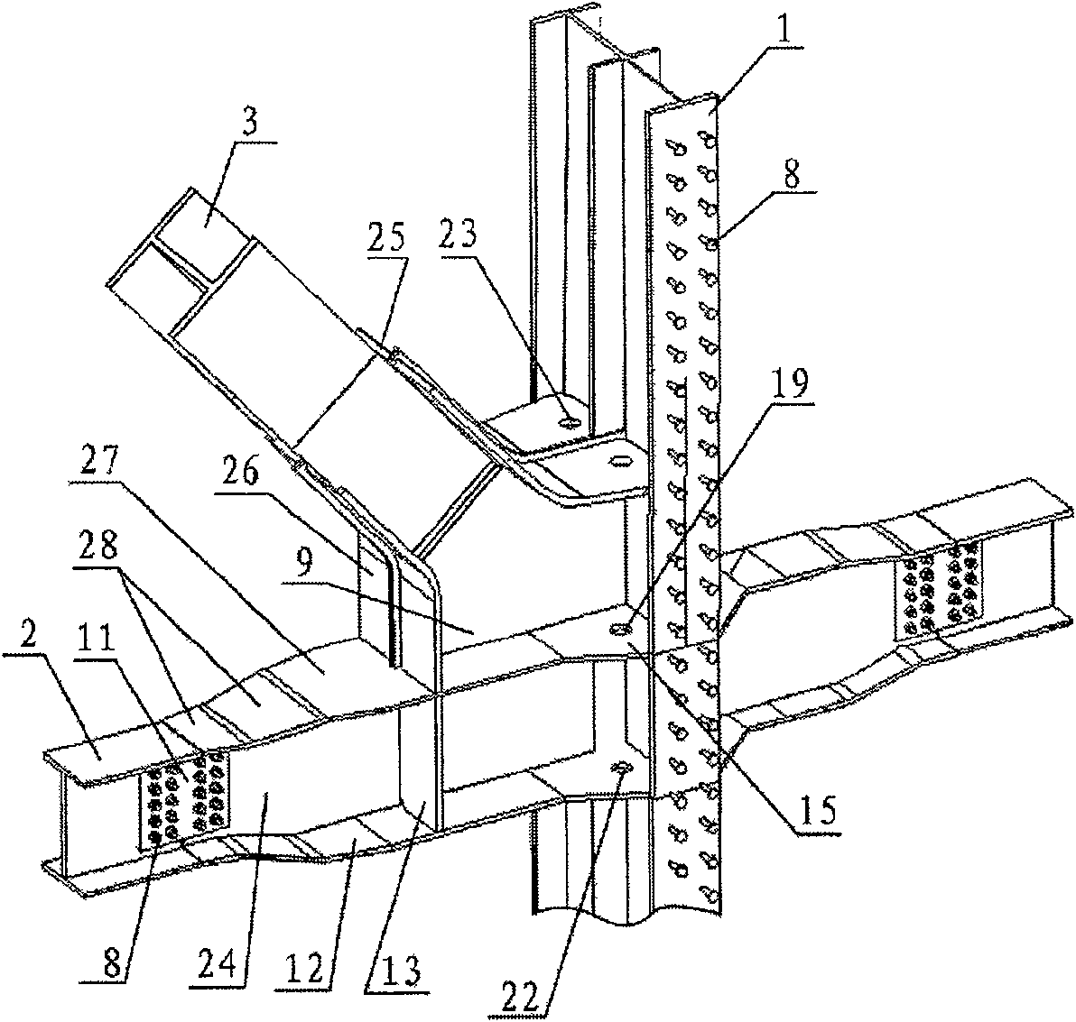 Shaped-steel concrete frame-steel supporting structure section-changeable conversion node