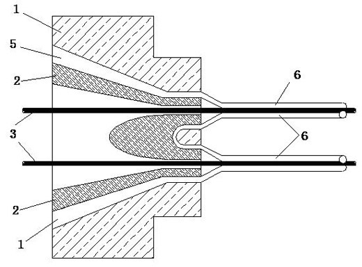 Superfine high-temperature electronic wire double-core extrusion process and die thereof