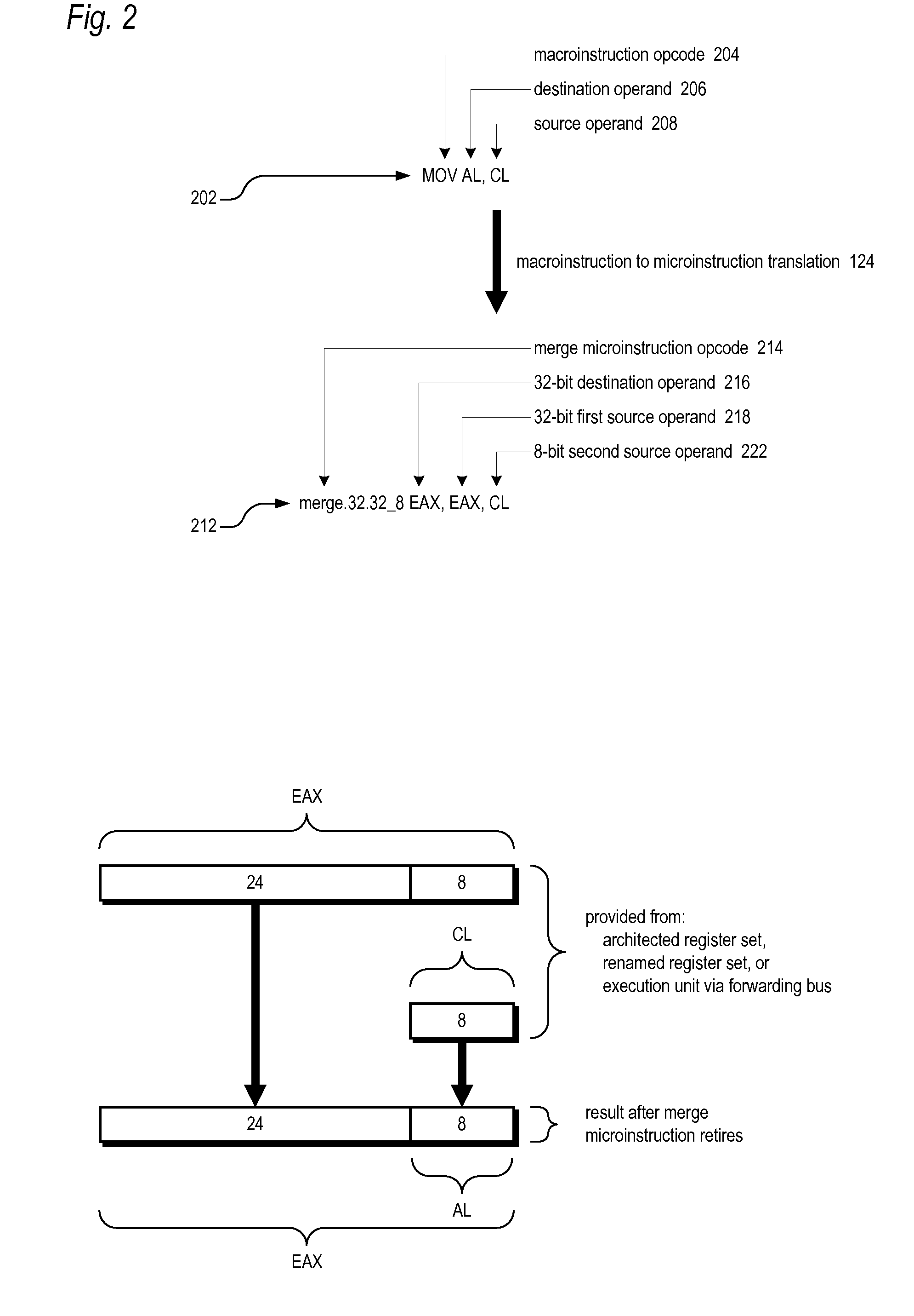 Merge microinstruction for minimizing source dependencies in out-of-order execution microprocessor with variable data size macroarchitecture