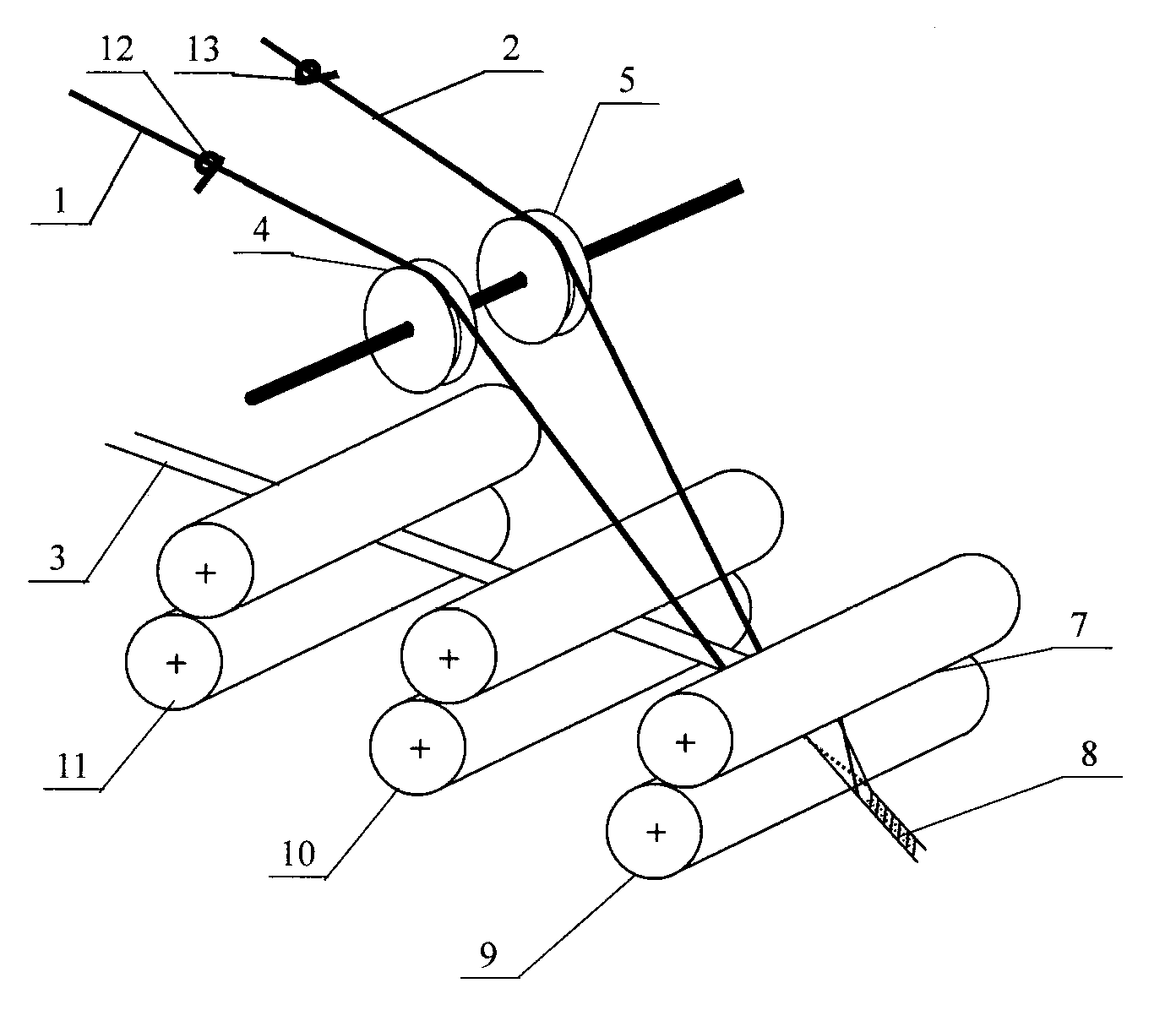 Three-shafting composite spinning method of constant-tension double-filament adjoining and twisting triangular zone and application thereof