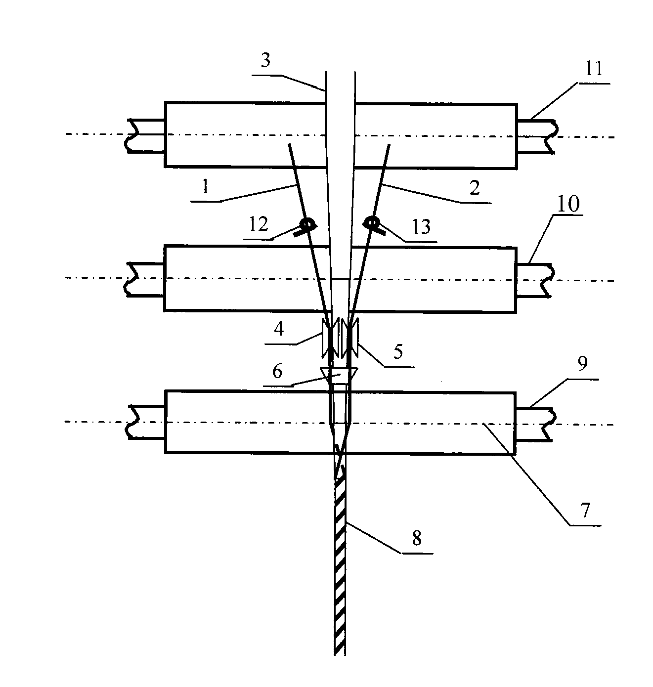 Three-shafting composite spinning method of constant-tension double-filament adjoining and twisting triangular zone and application thereof