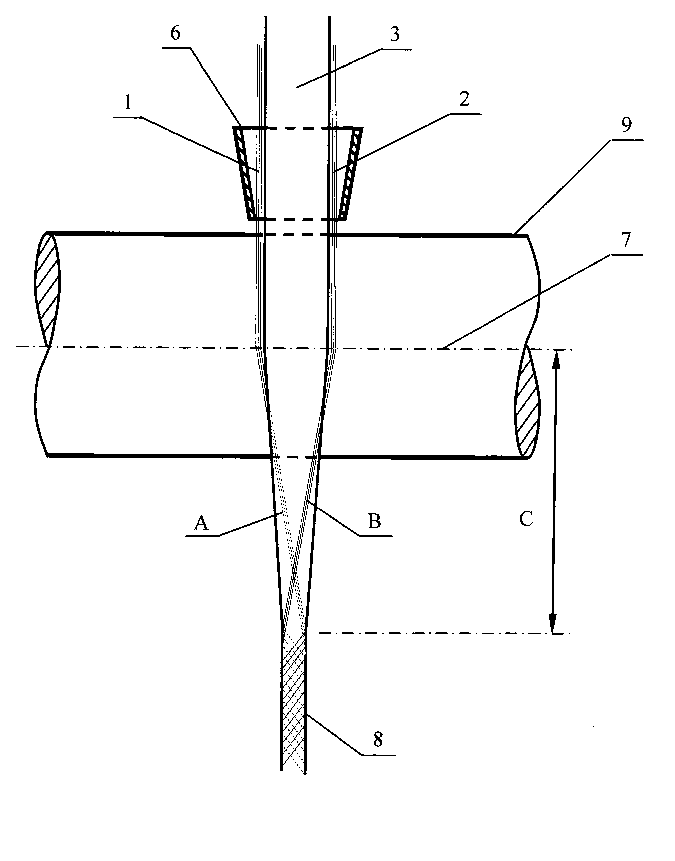 Three-shafting composite spinning method of constant-tension double-filament adjoining and twisting triangular zone and application thereof