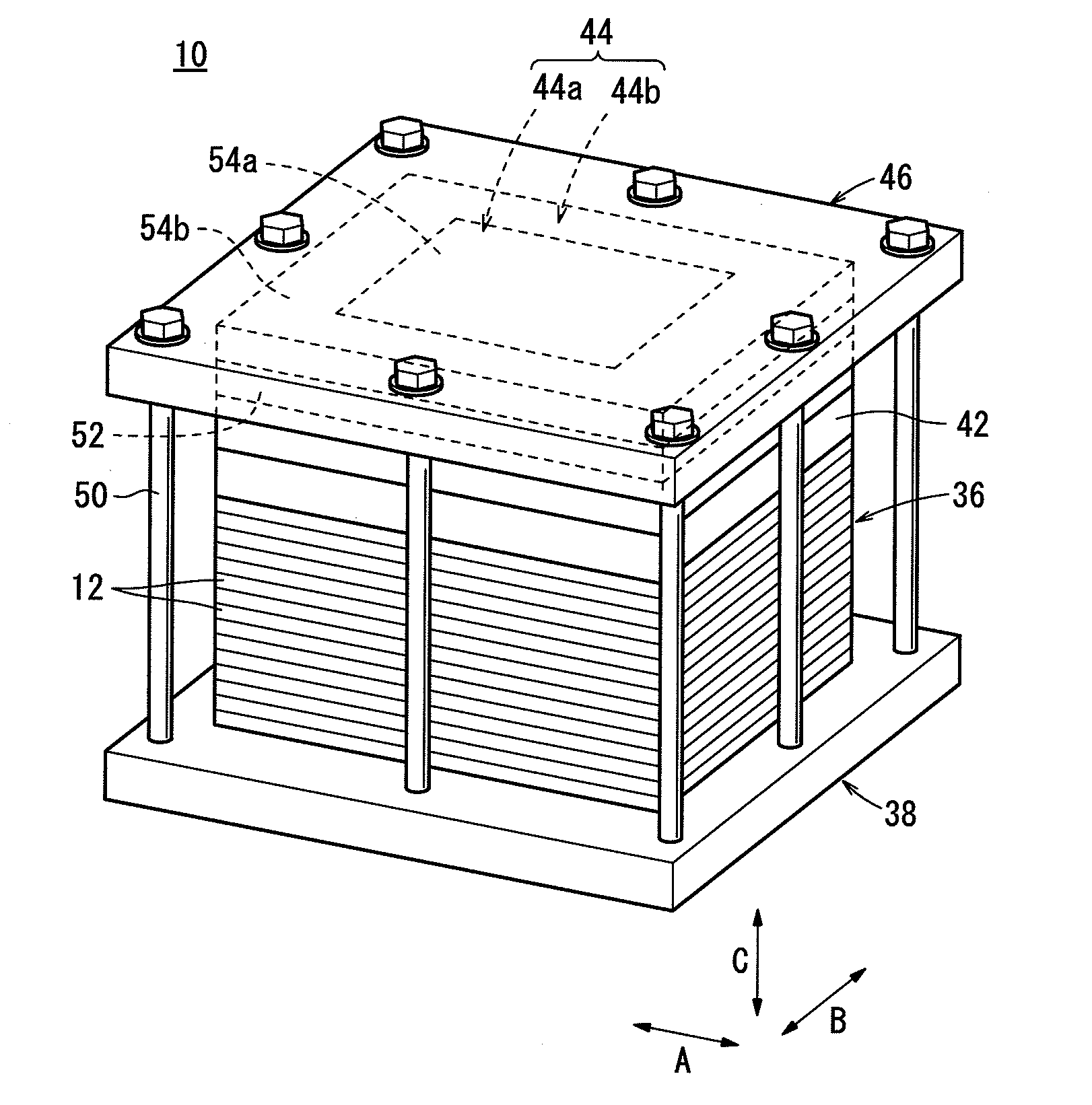 Sofc stack with temperature adapted compression force means