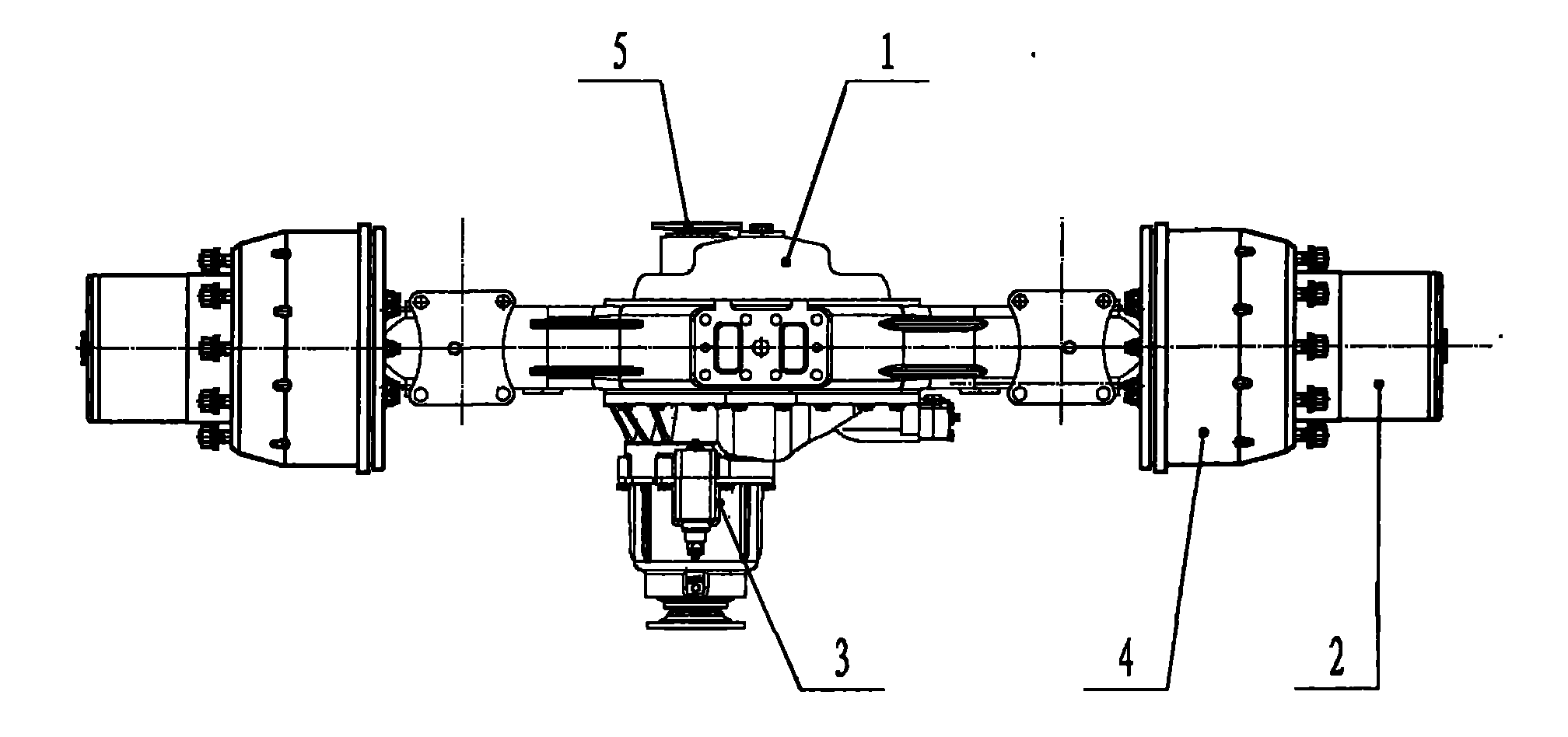 Through drive axle with hyperboloid bevel gear